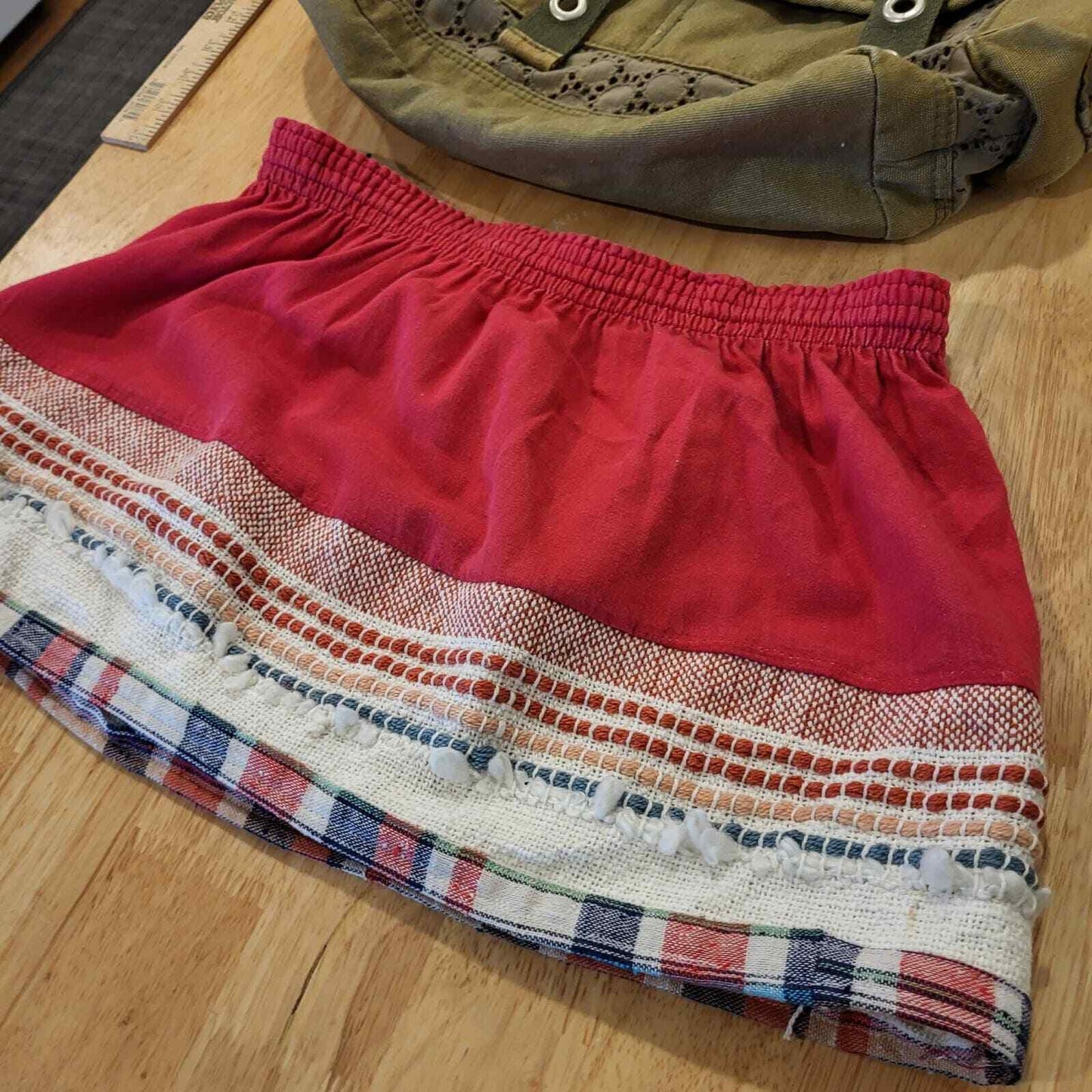 #upcycled vintage Red Elastic waist Mini Skirt Bohemian Hand Made 