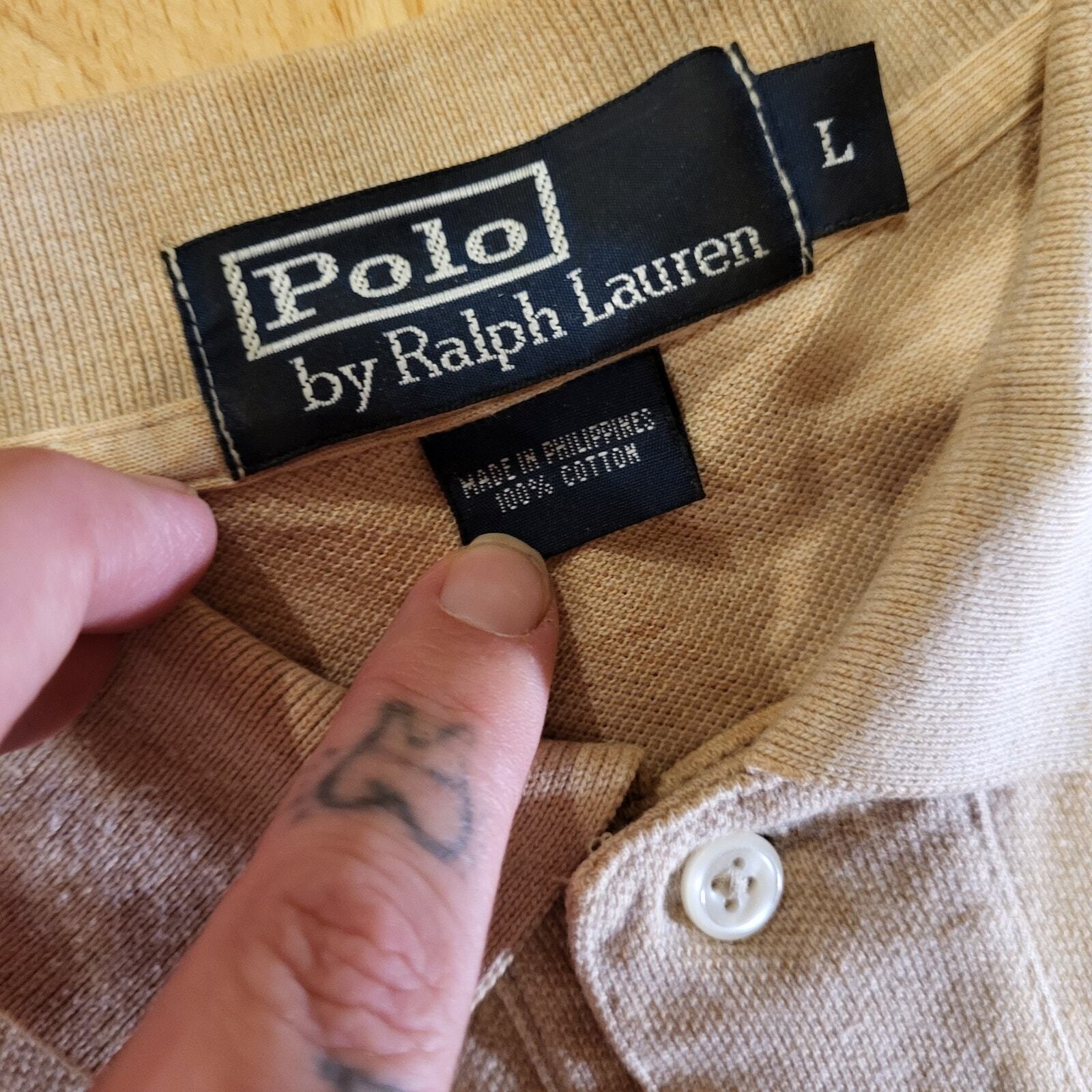 Beige Polo Ralph Lauren Long Sleeve Polo Blue Horse 100% Cotton Large