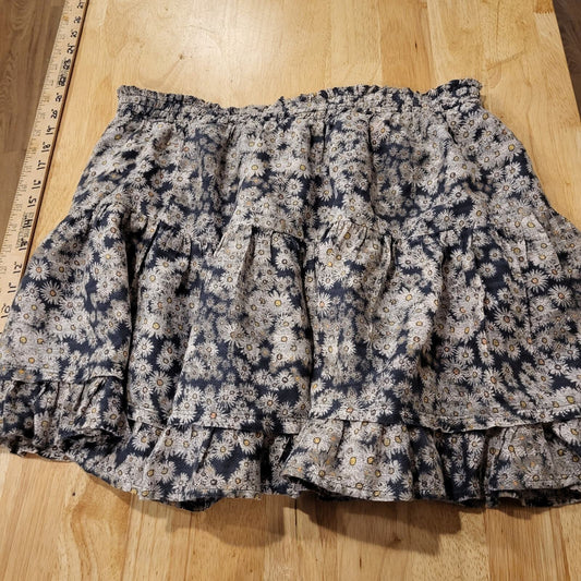 True craft Daisy print navy blue ruffle mini skirt elastic waist lined cotton