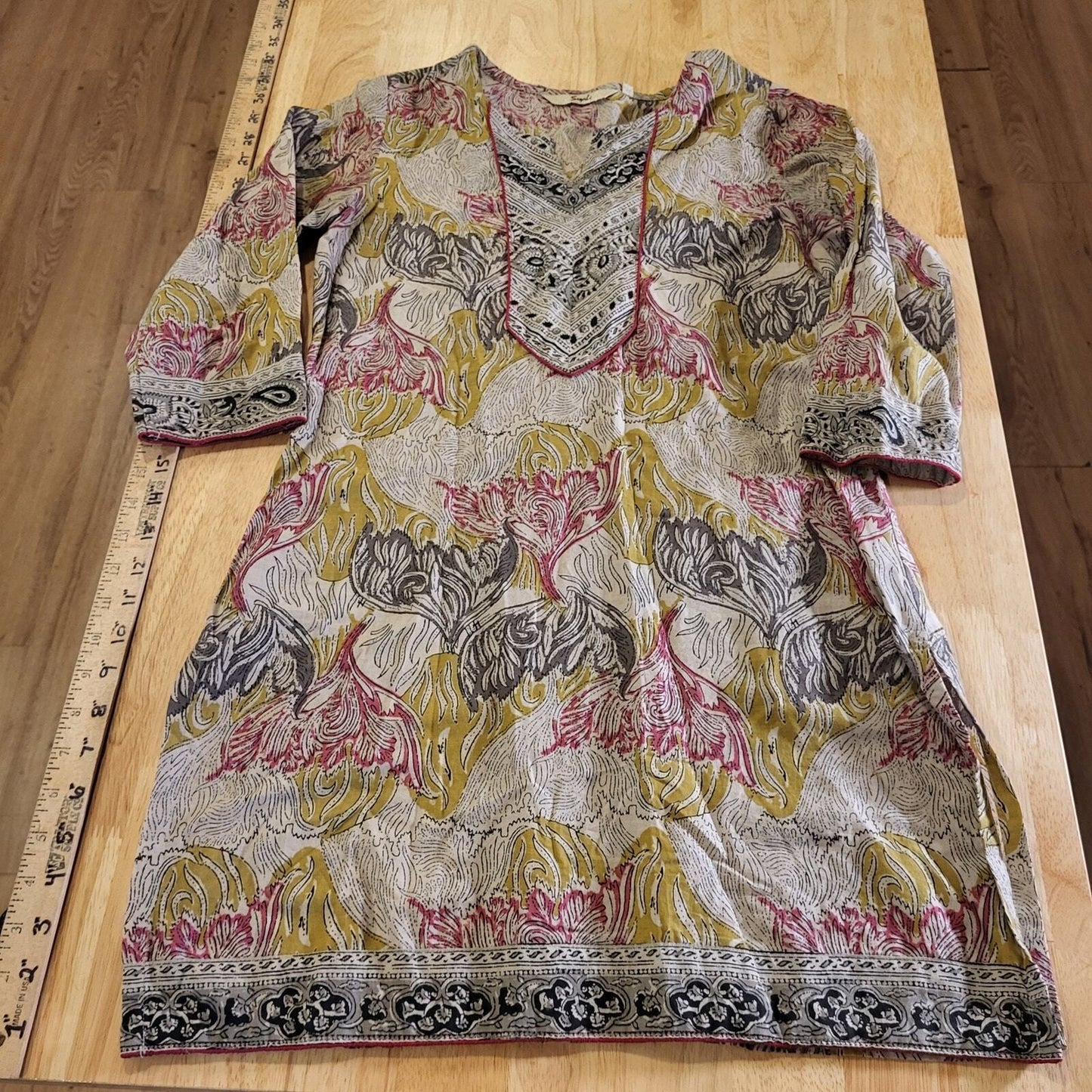 Cotton India Printed Blouse Woven 3/4 Sleeve Small