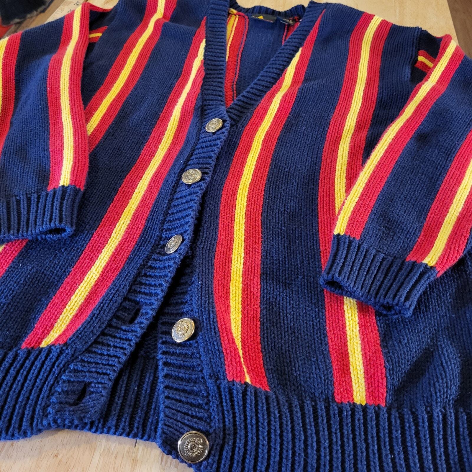Vintage 90's Liz Claiborne Blue Cardigan Sweater Yellow & Red Stripe Preppy P