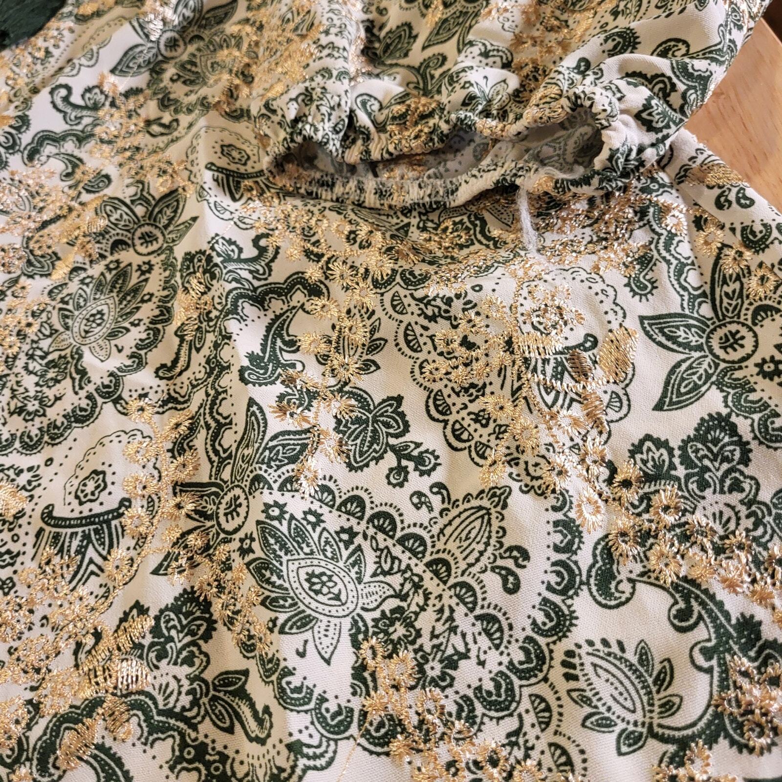 Paisley Green & Cream Ballon Sleeve Blouse All Over Embroidery medium Tassel Tie