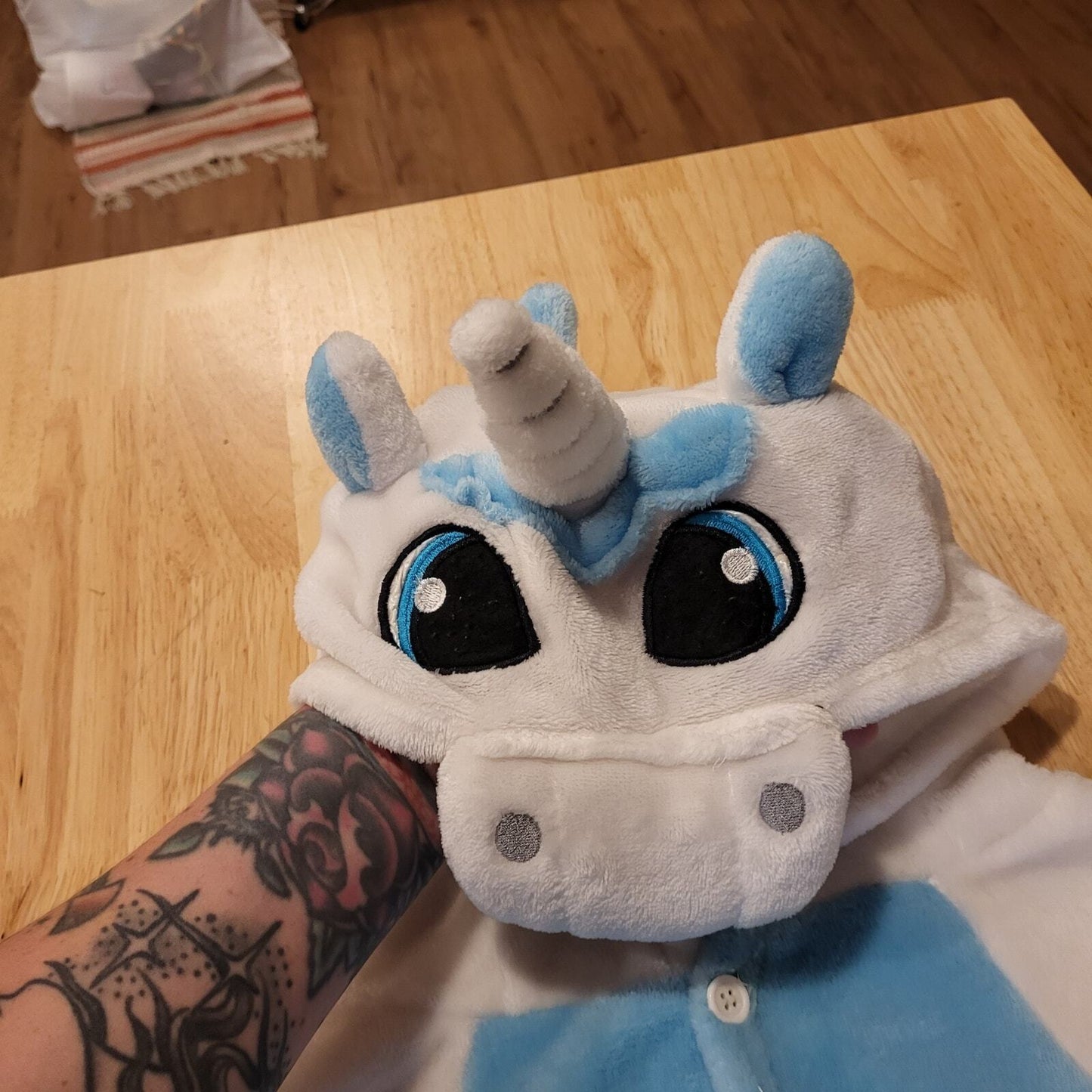 Blue & White Pegasus Unicorn Fuzzy One Piece Costume Button  hood wings horn 