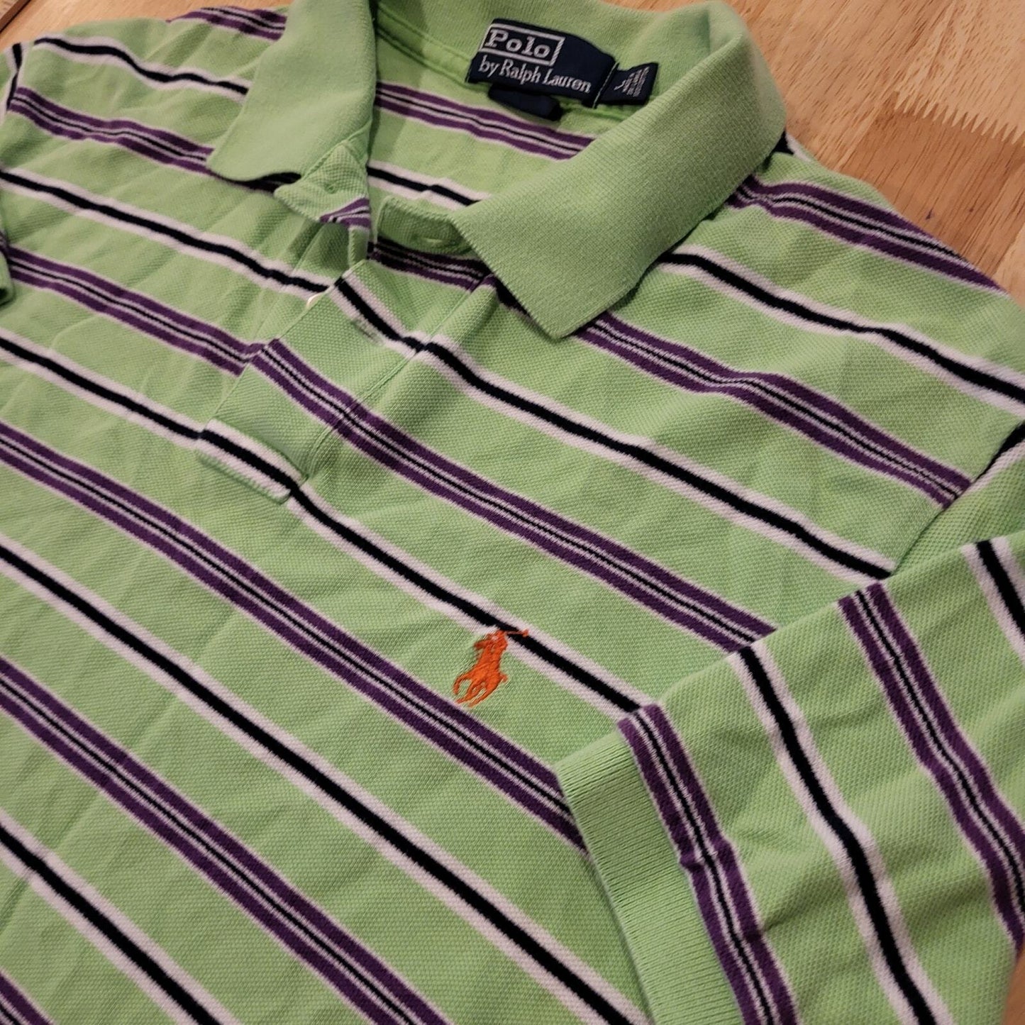 Ralph Lauren Green Striped Golf Polo Blue Detail Large Red Logo