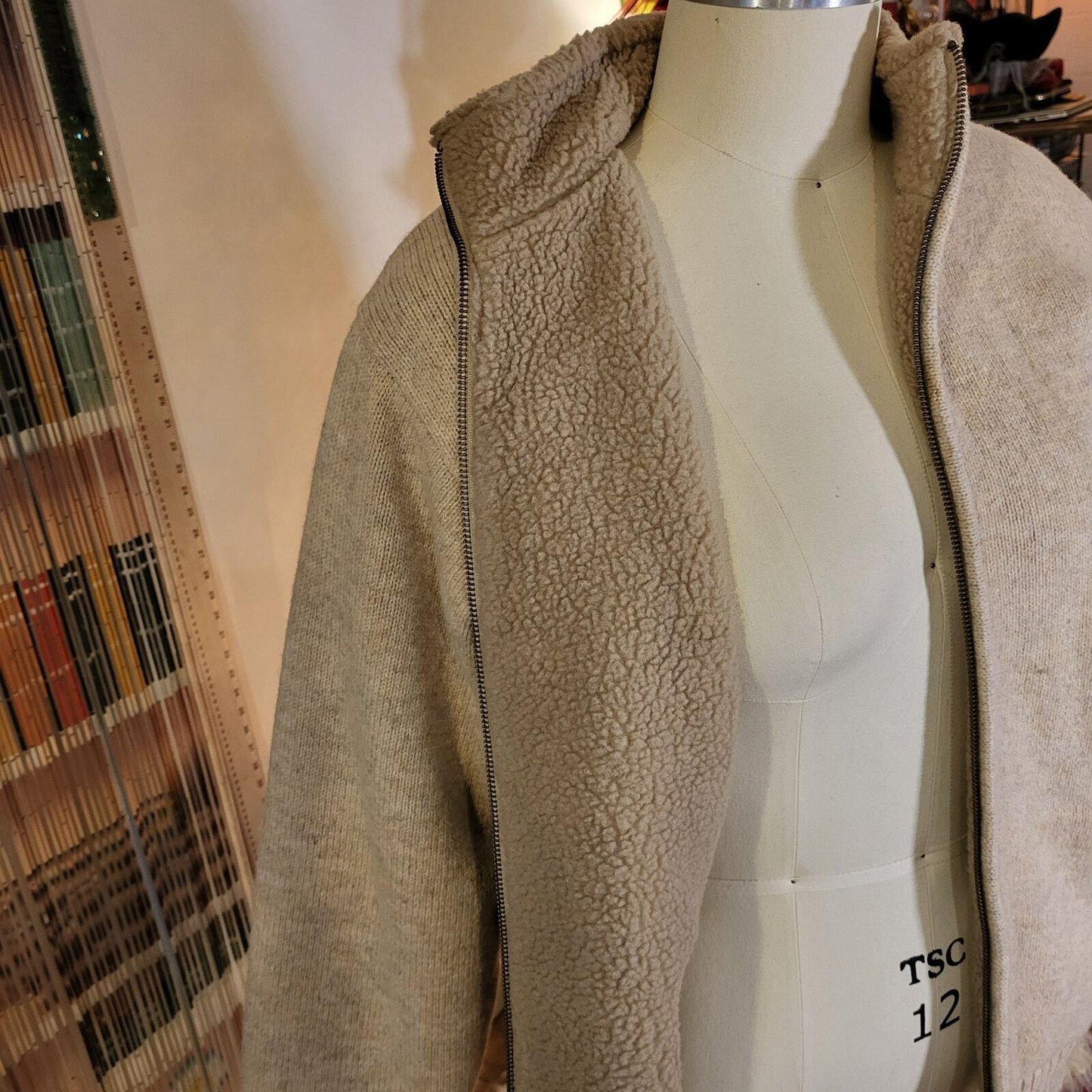 L. L. Bean Beige Wool Full Zip Fleece Lined Sweater  Medium See Photo for hole