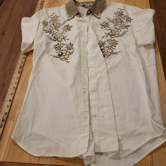 Vintage Beaded Jane Ashley White Short Sleeve Button Down Collared Shirt