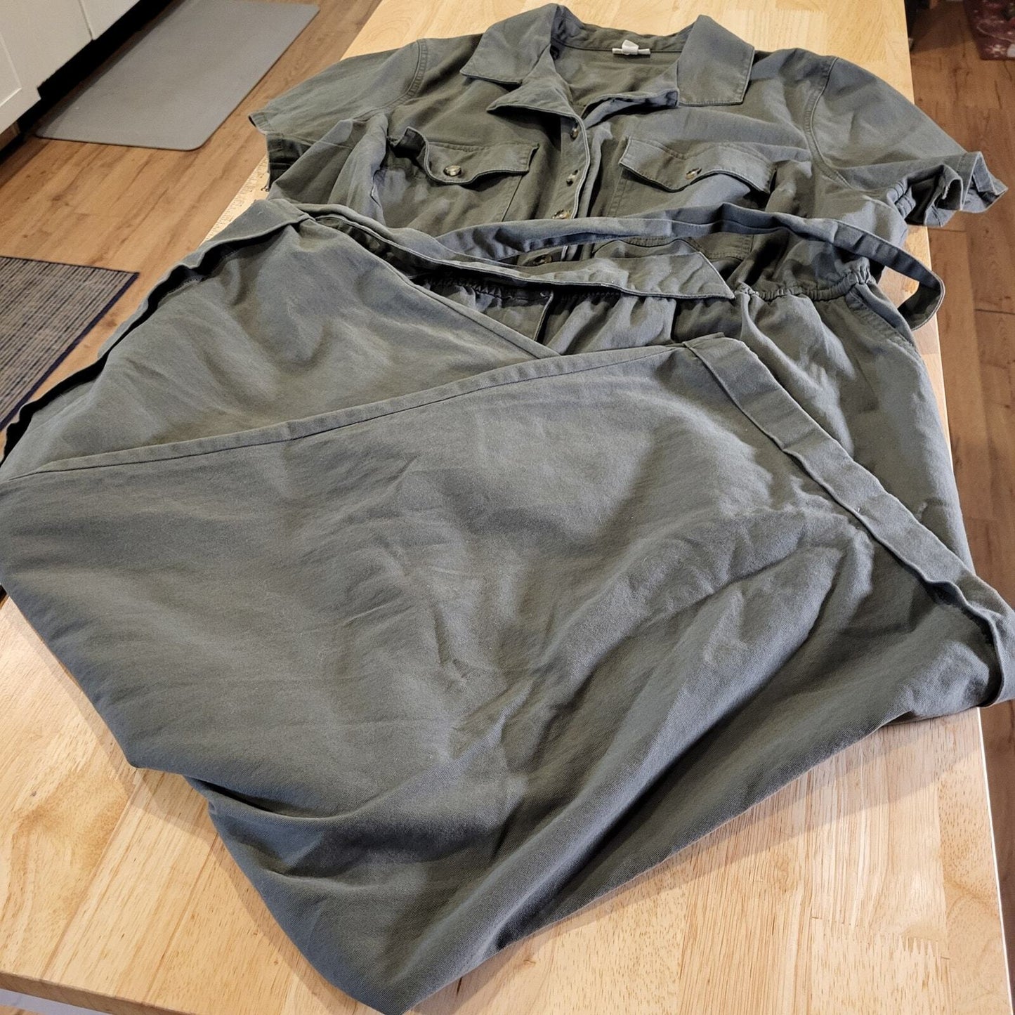 A.N.A 2X Army Green Short Sleeve Jumpsuit Button Collared Pockets Cotton