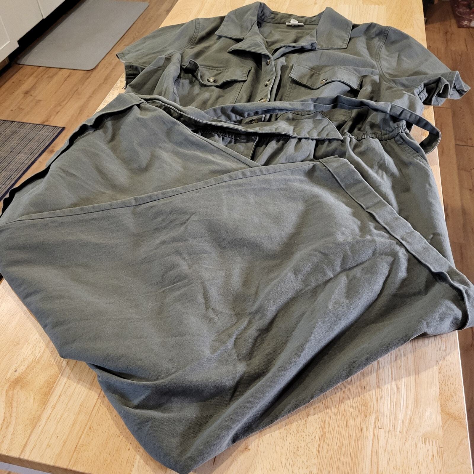 A.N.A 2X Army Green Short Sleeve Jumpsuit Button Collared Pockets Cotton
