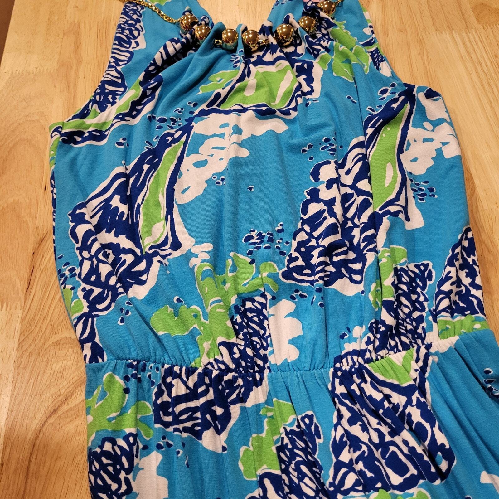 Lilly Pulitzer Calissi Sound The Horn Maxi Jersey Dress Gold Necklace Neckline