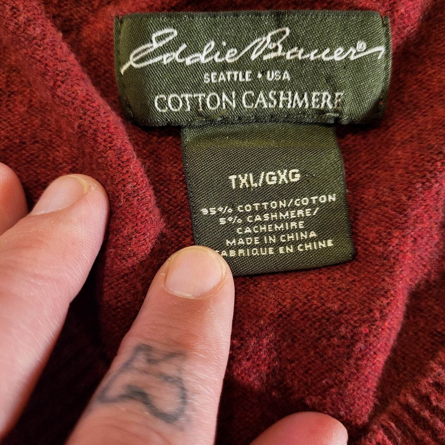 Eddie Bauer Cotton Cashmere Made in USA TXL V-neck Sweater Burgundy Maroon