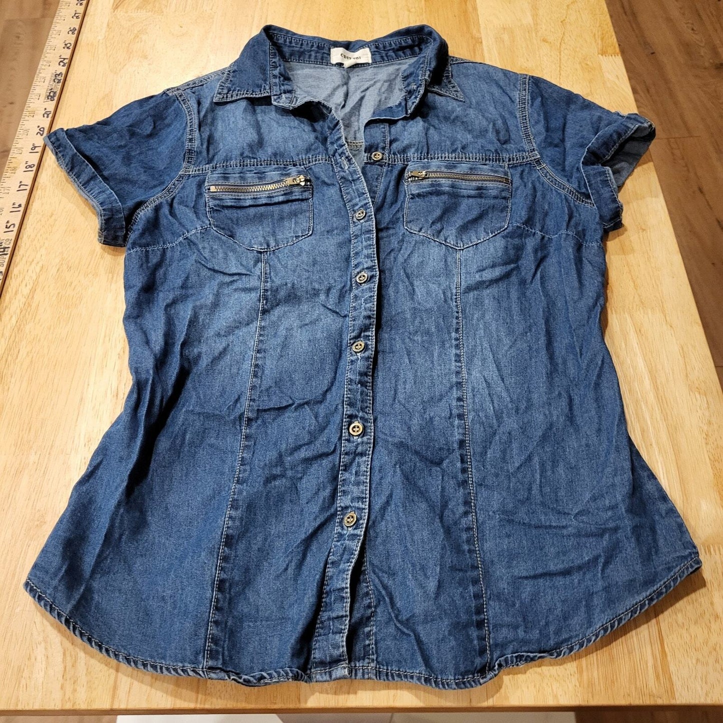 y2k Denim Cest Toi Denim Button Front Cap Sleeve Collared Top Zip Pocket