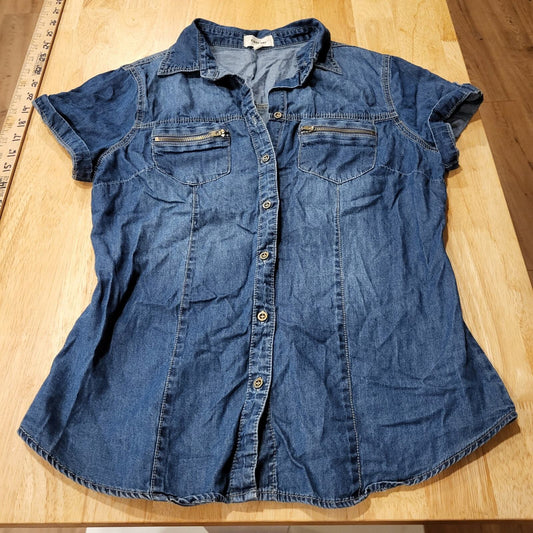 y2k Denim Cest Toi Denim Button Front Cap Sleeve Collared Top Zip Pocket