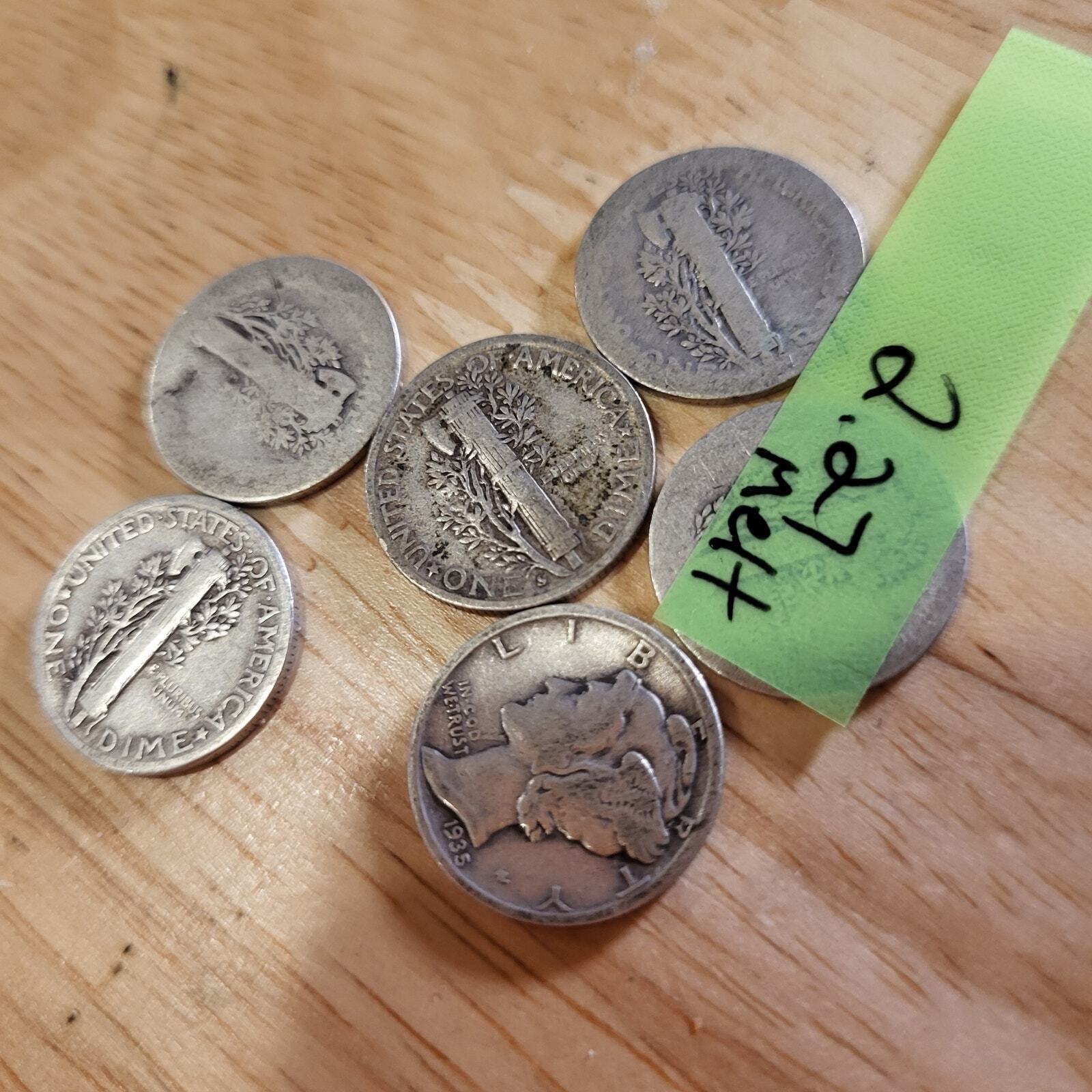 Mercury Dime Collection Worn 2.25g Silver each 6 coins Total  13.5g