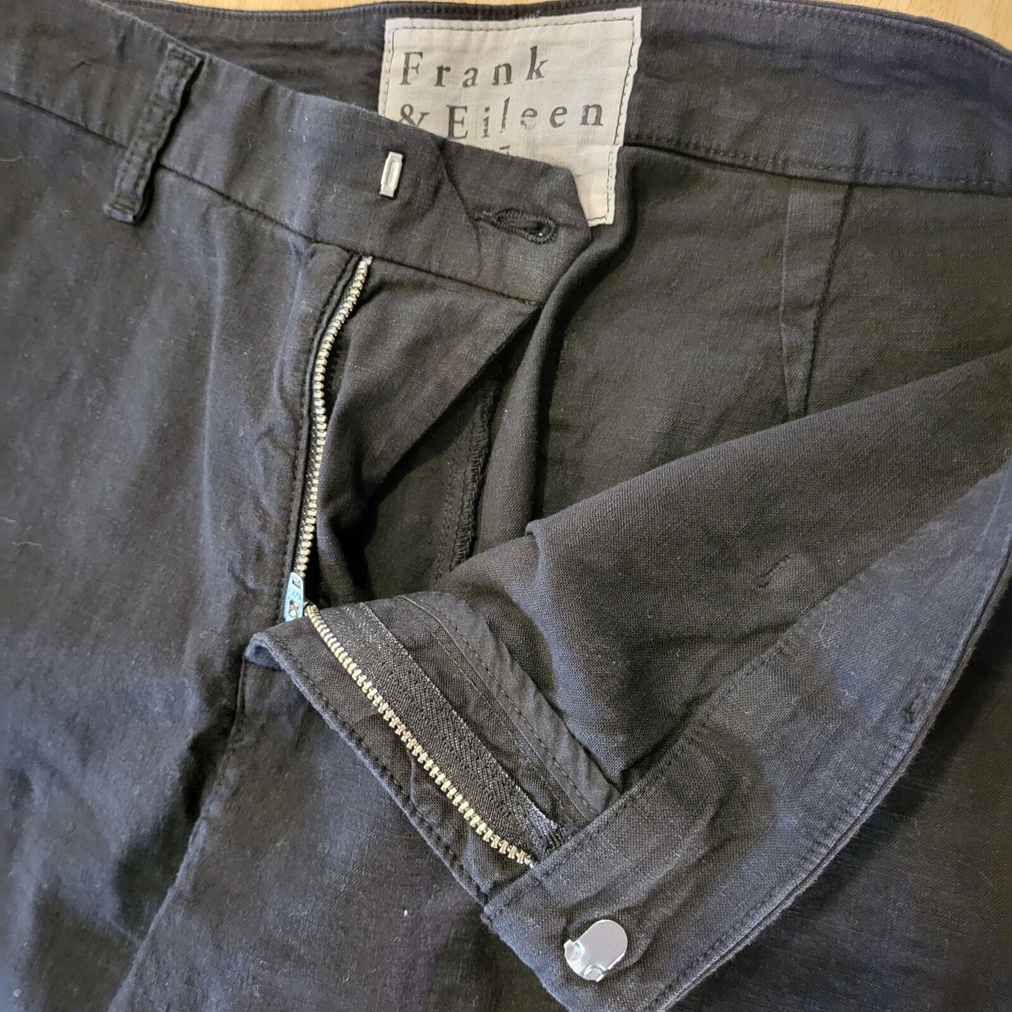 Frank & Eileen Linen & Flax Black Slacks Distressed Cuff Straight Leg Ankle 