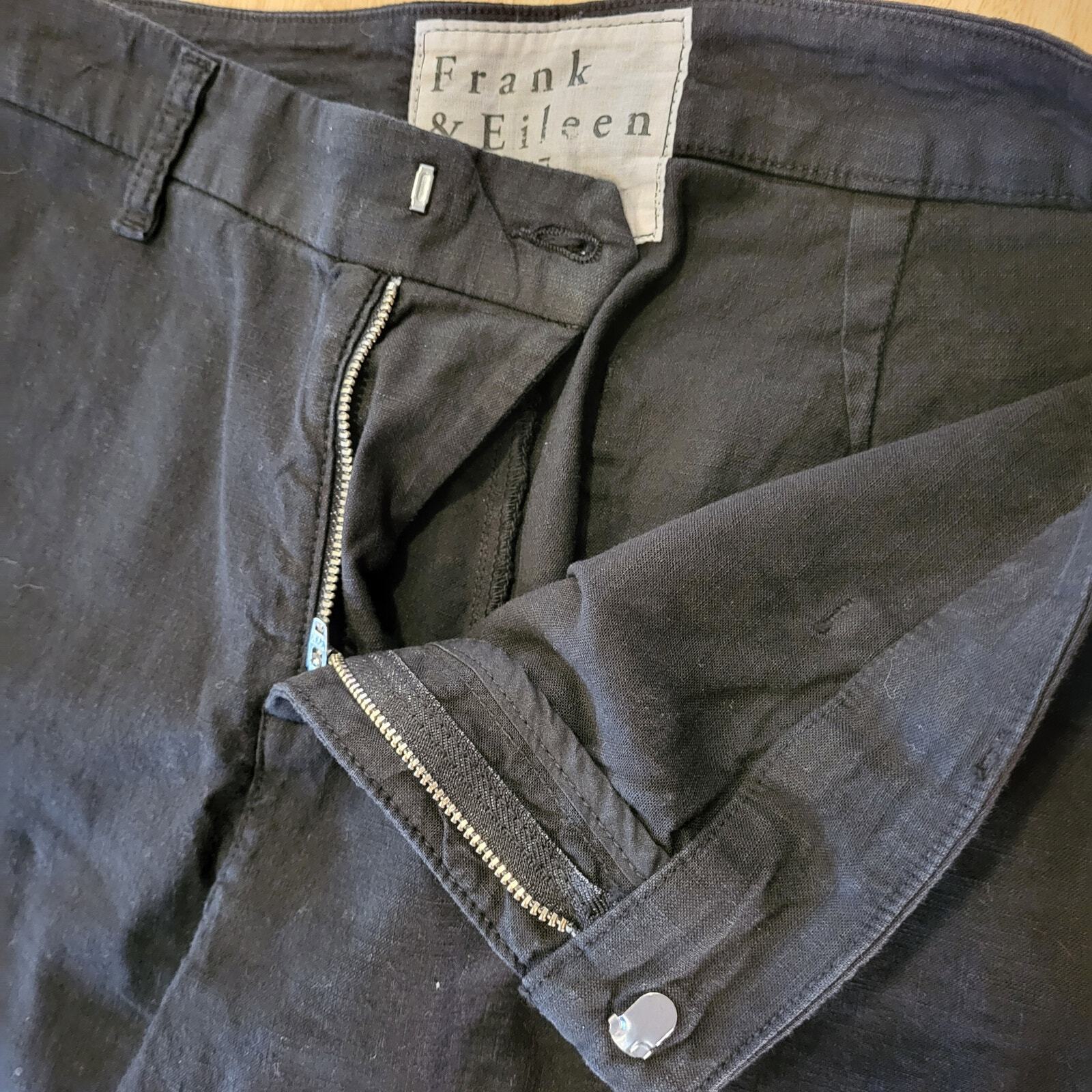 Frank & Eileen Linen & Flax Black Slacks Distressed Cuff Straight Leg Ankle 
