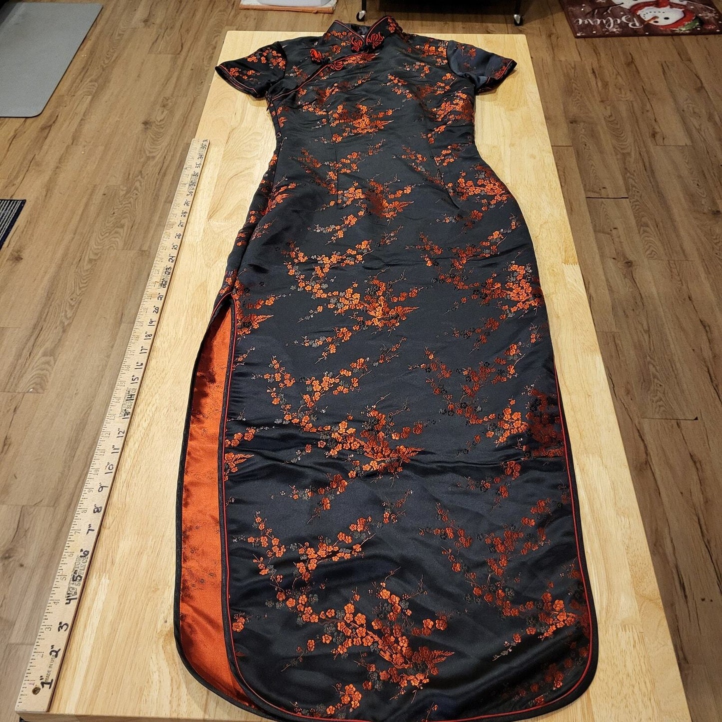 Black & Red Brocade Traditional Chinese Satin Floral Dress Mandarin Collar 15' p