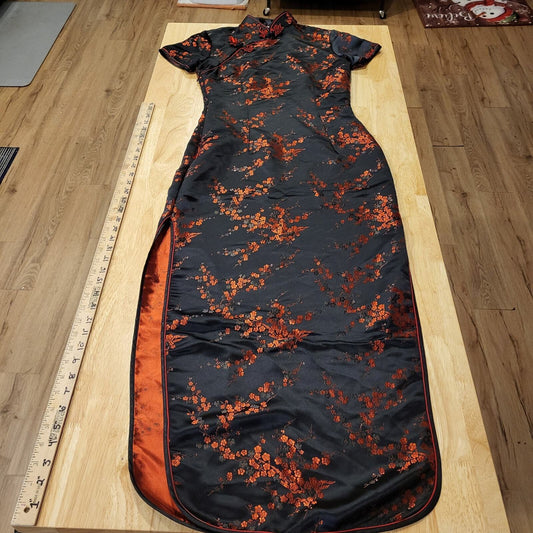 Black & Red Brocade Traditional Chinese Satin Floral Dress Mandarin Collar 15' p
