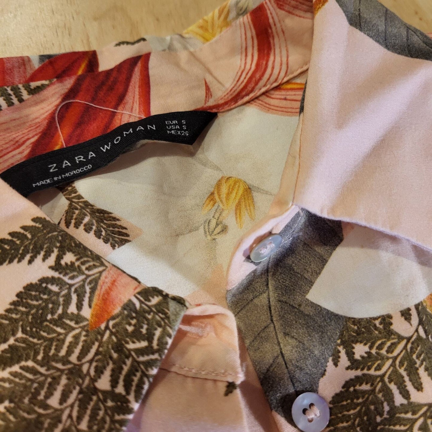 Zara Woman Pink Floral Tropical Shirt Dress Collared Button Belt Loop Small 
