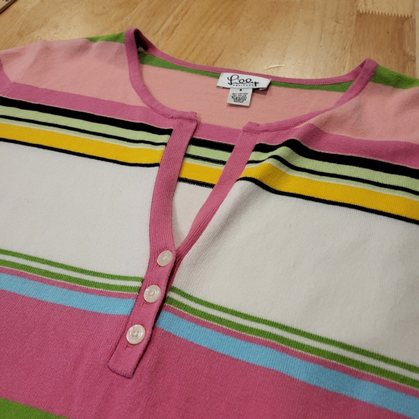 Lilly Pulitzer Pink Green Blue Stripe Knit Cap Sleeve Small Top 18" P2P Button