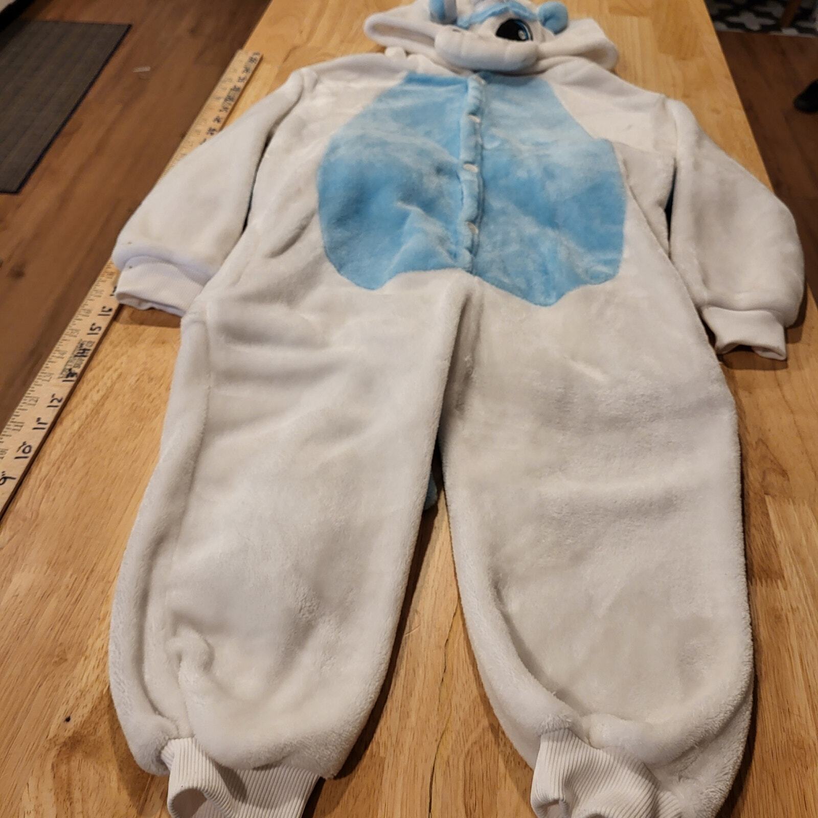Blue & White Pegasus Unicorn Fuzzy One Piece Costume Button  hood wings horn 