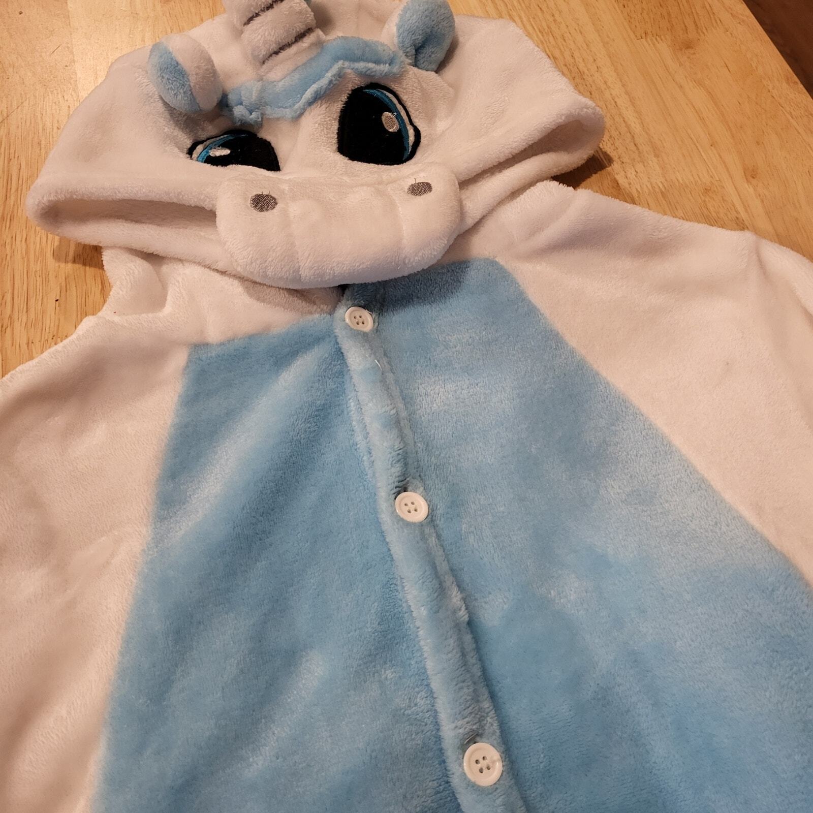 Blue & White Pegasus Unicorn Fuzzy One Piece Costume Button  hood wings horn 
