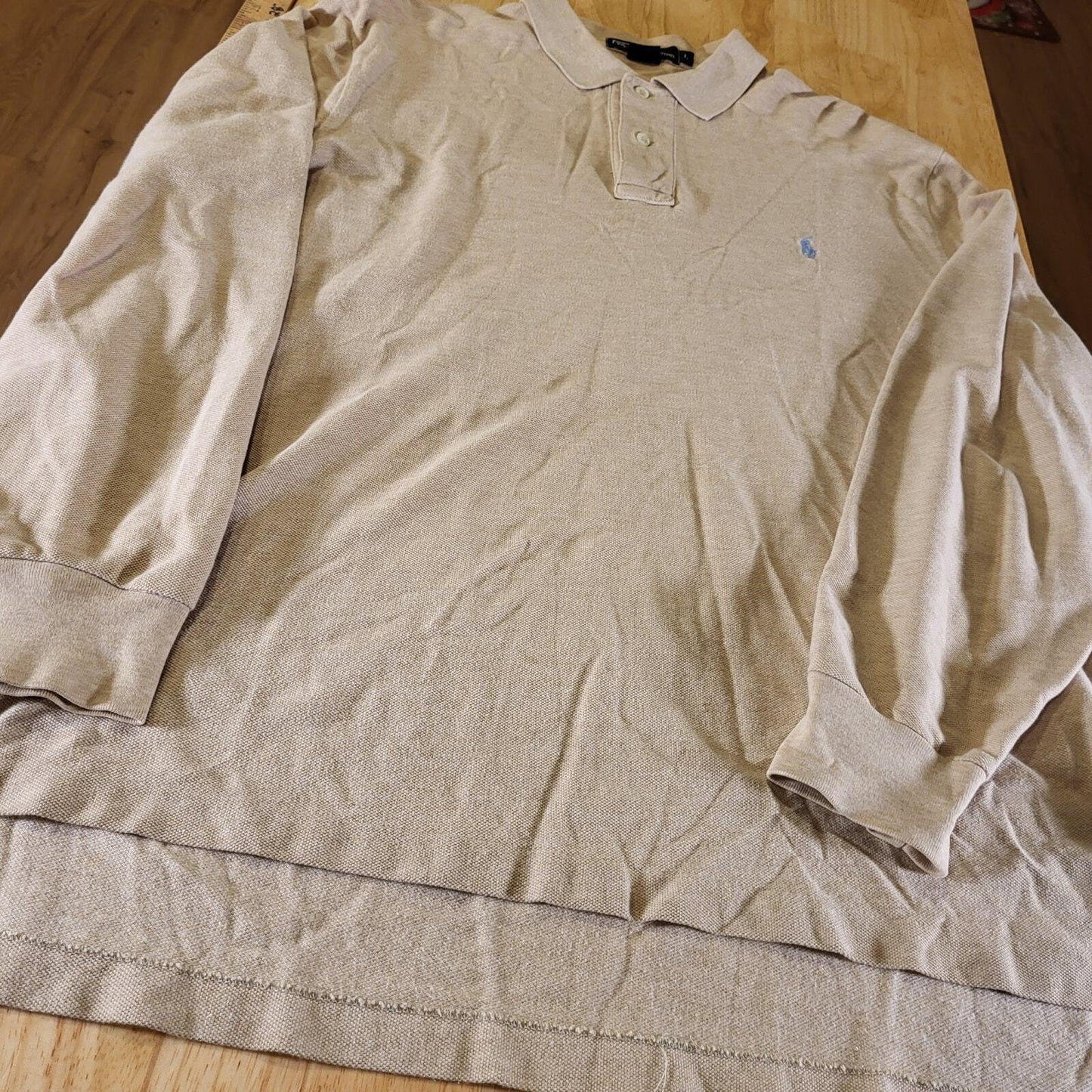 Beige Polo Ralph Lauren Long Sleeve Polo Blue Horse 100% Cotton Large