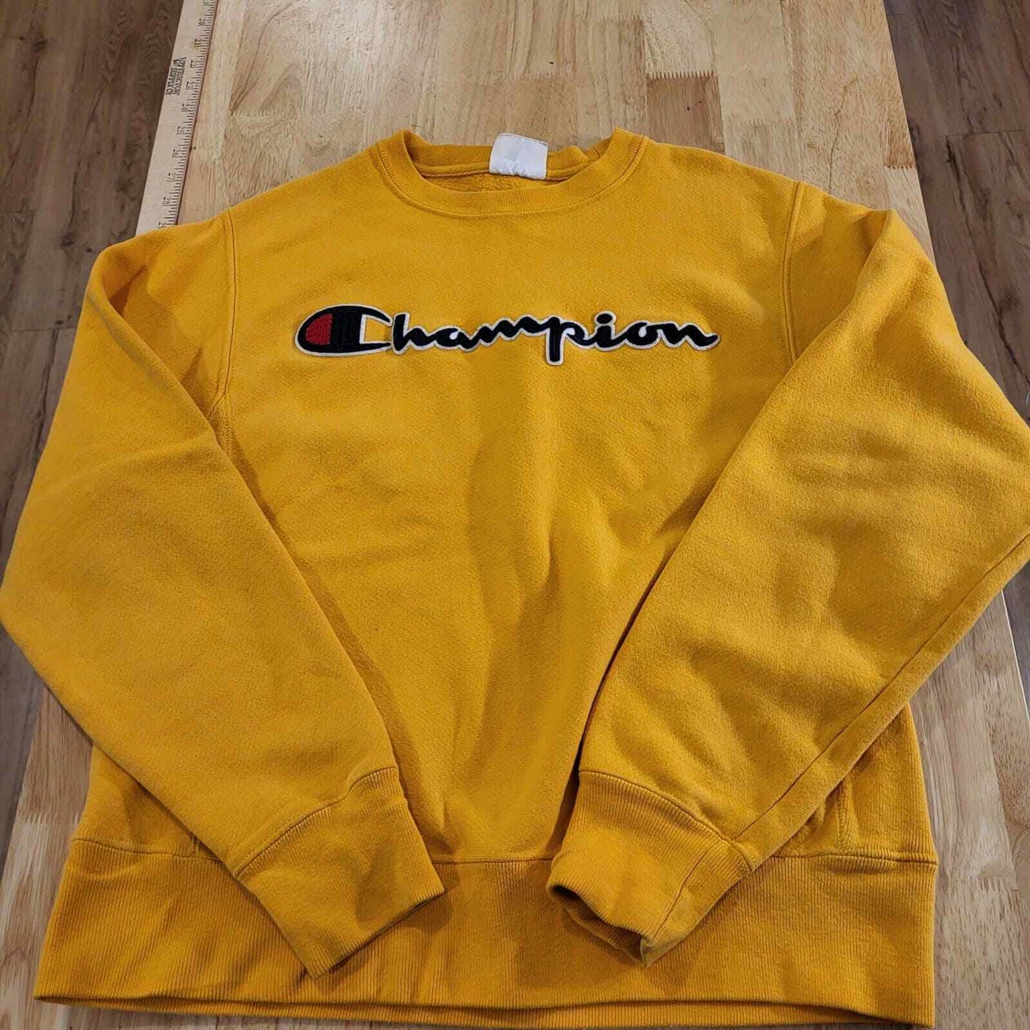 Yellow Champion Long Sleeve Sweatshirt 21" Pit to Pit Size Sm. Logo Applique 