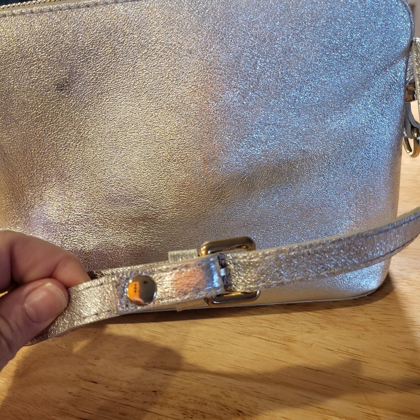 Genuine Leather Silver  Metallic Top Handle Zip Bag  9"x7" Gold Tone Hardware 