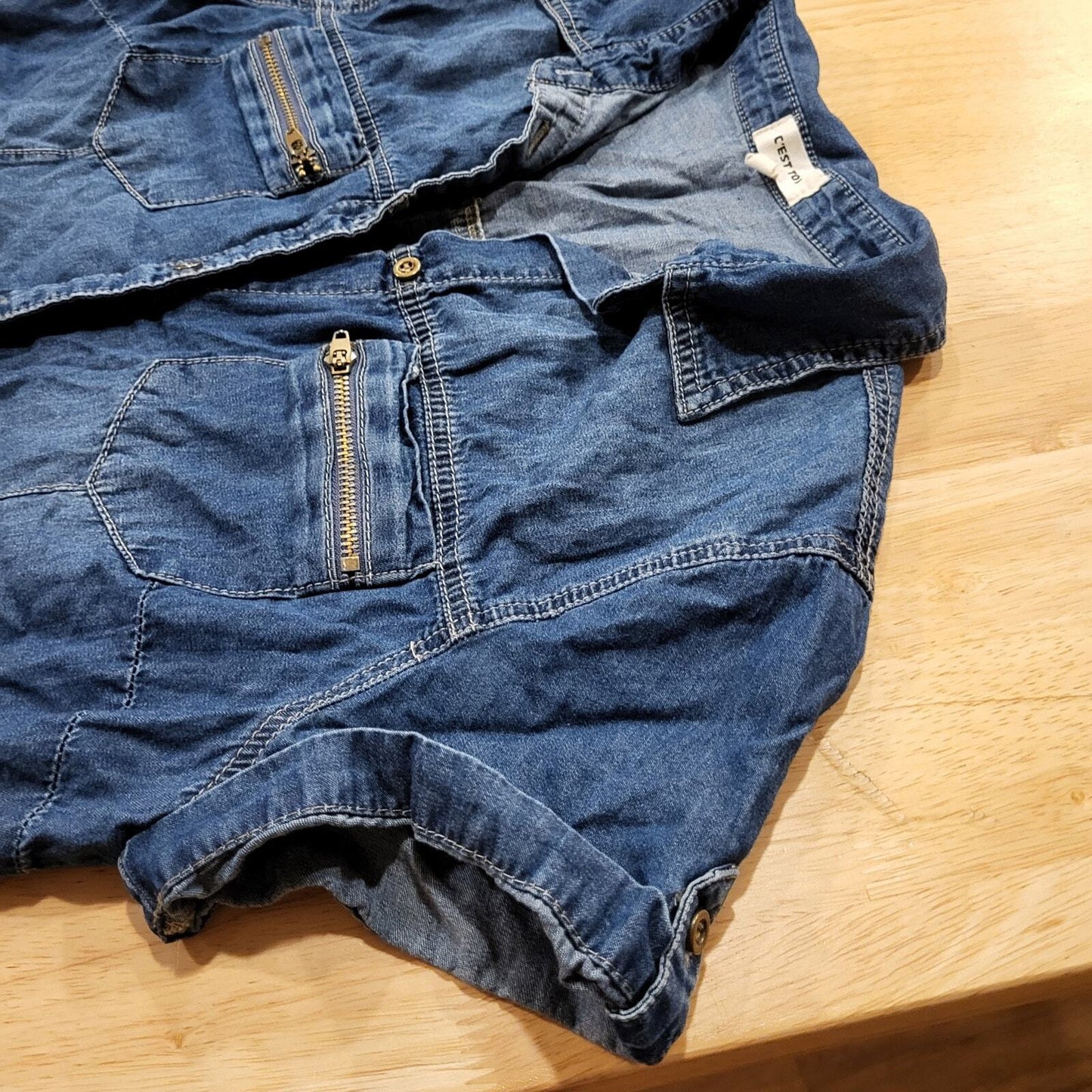 y2k Denim Cest Toi Denim Button Front Cap Sleeve Collared Top Zip Pocket