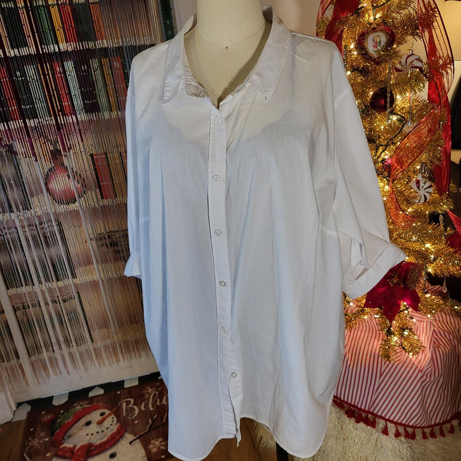 White Cotton Woman Within Flowey Collared Button Down 29" P2P