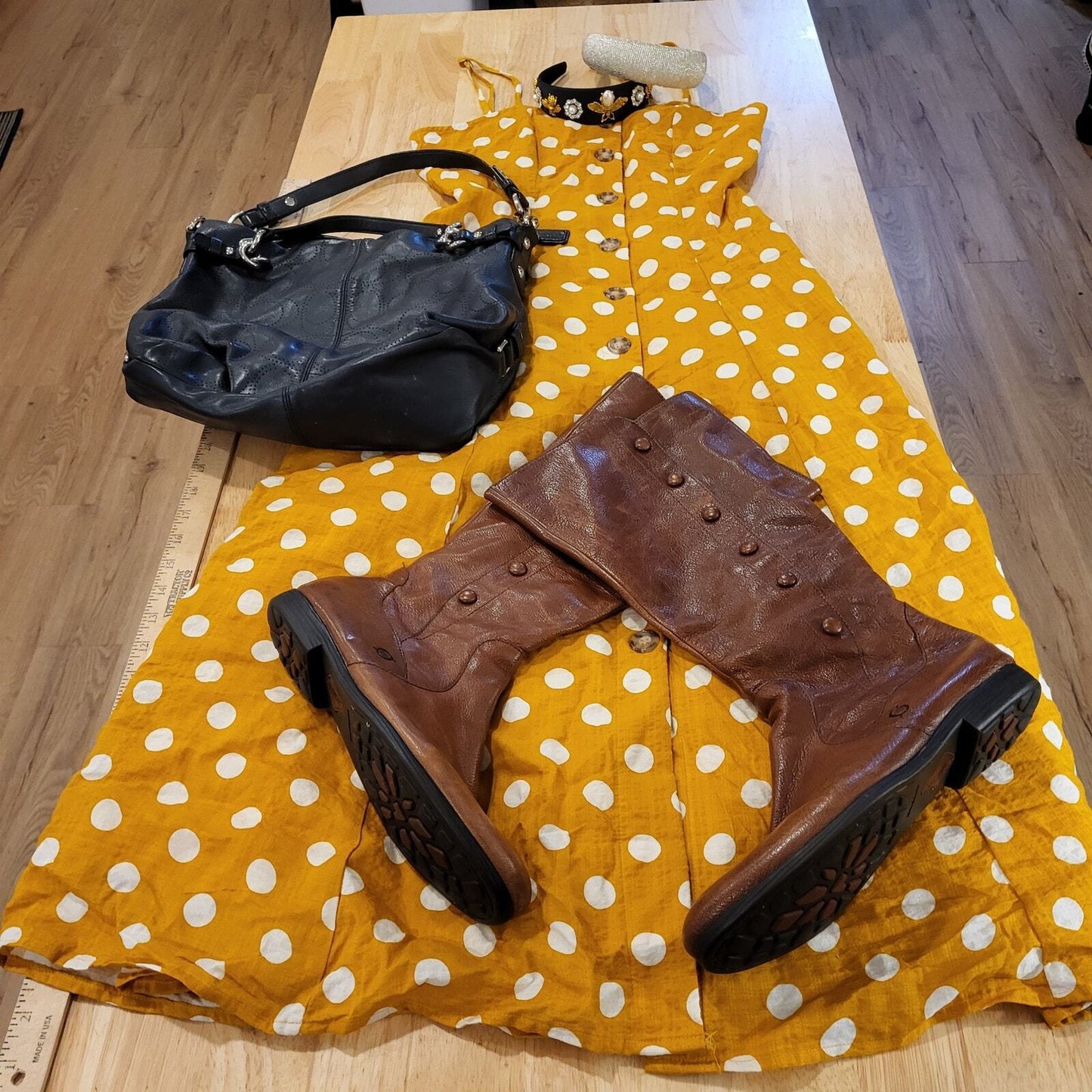 Rebellion Mustard Yellow Polka Dot Strappy Dress Small Button 16" p2p 14" Waist
