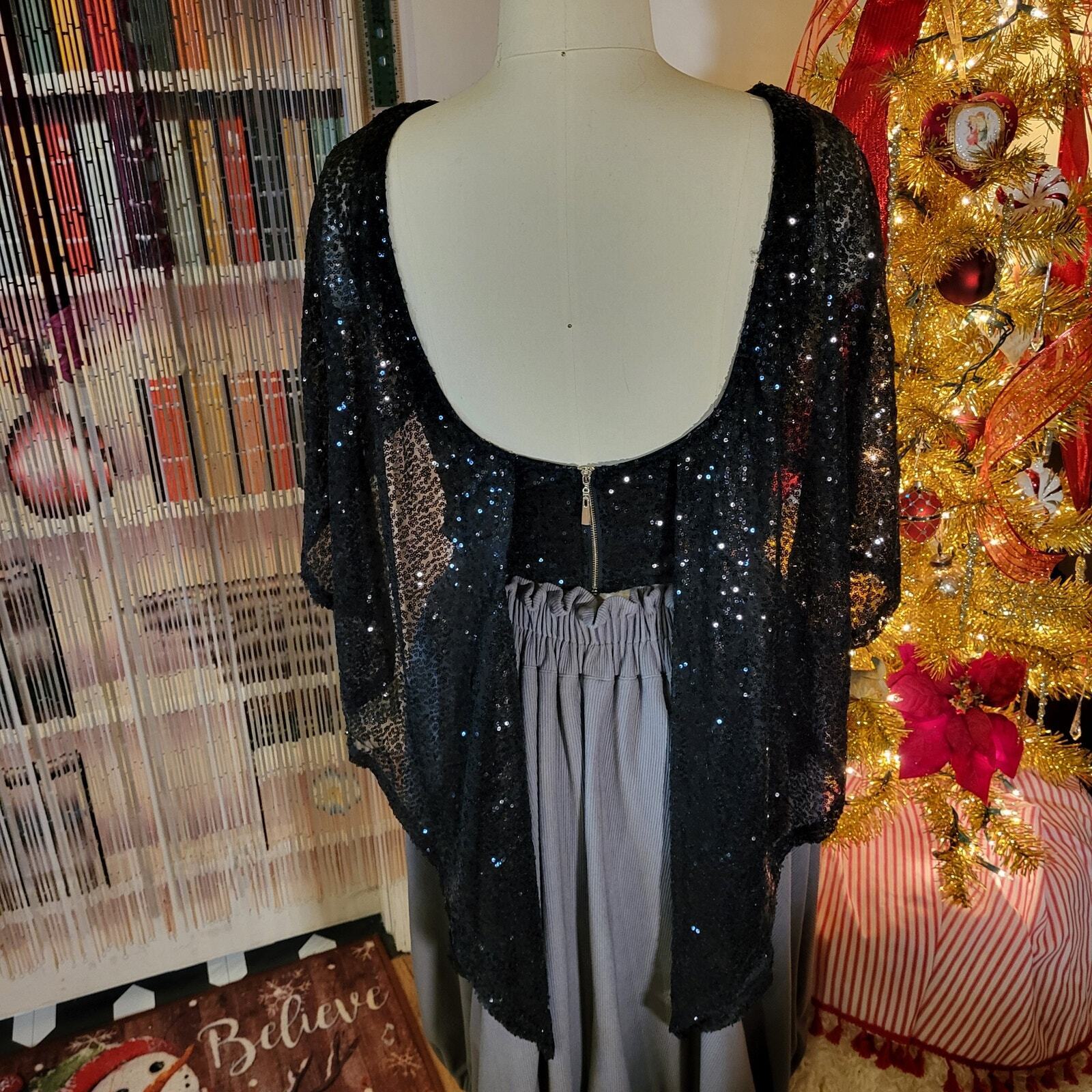 Black Sequin Bat Wing zip Back Blouse Cropped Pretty 