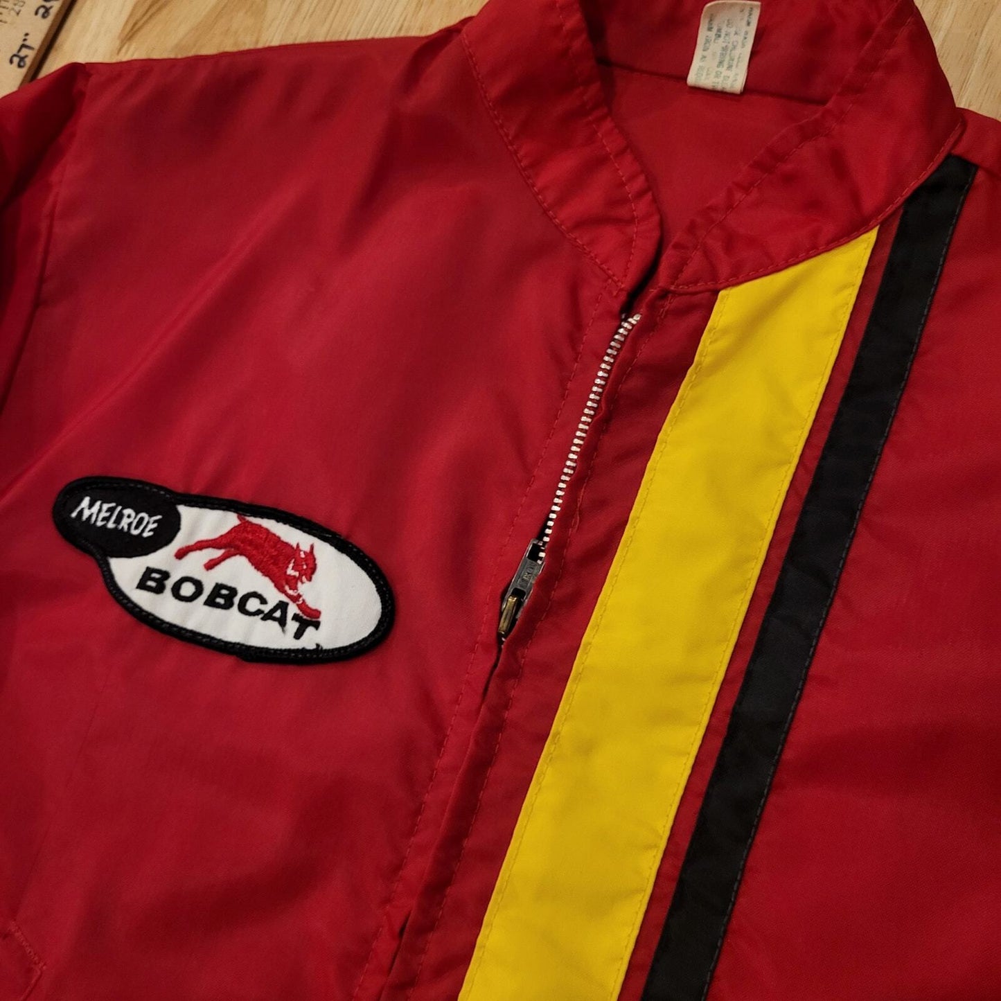 Red Nylon Vintage Jacket Zip 22" Pit to Pit Stripe Melroe Bobcat