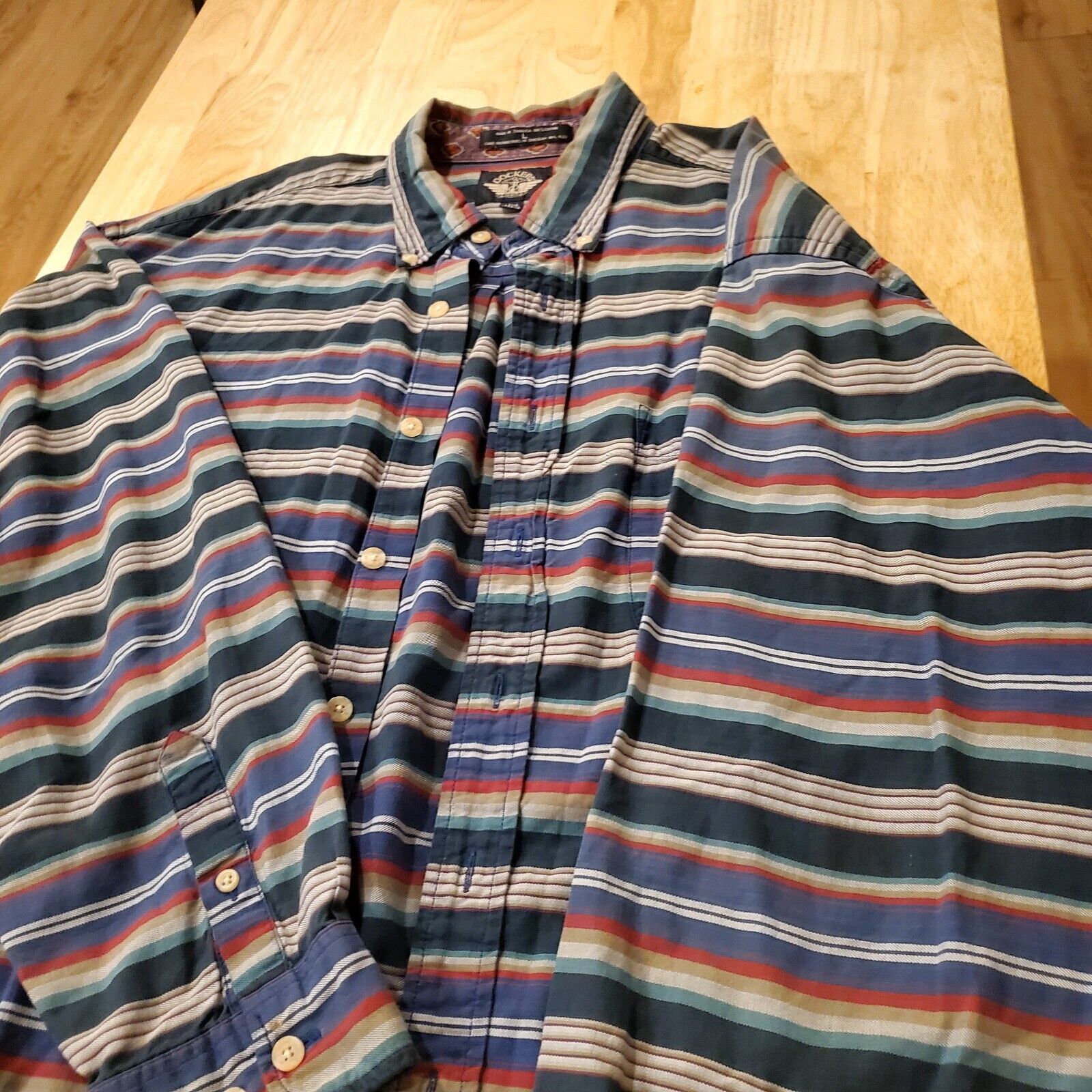 Vintage Dockers Striped Shirt Men's Large Button Down Long Sleeve White Green