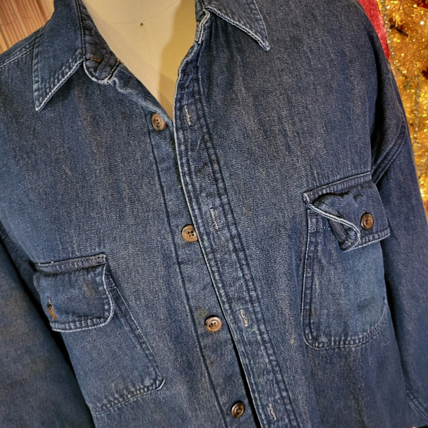 Lanesboro 100% Cotton Blue Denim Brown Fleece Lined Collared Button Up Jacket XL