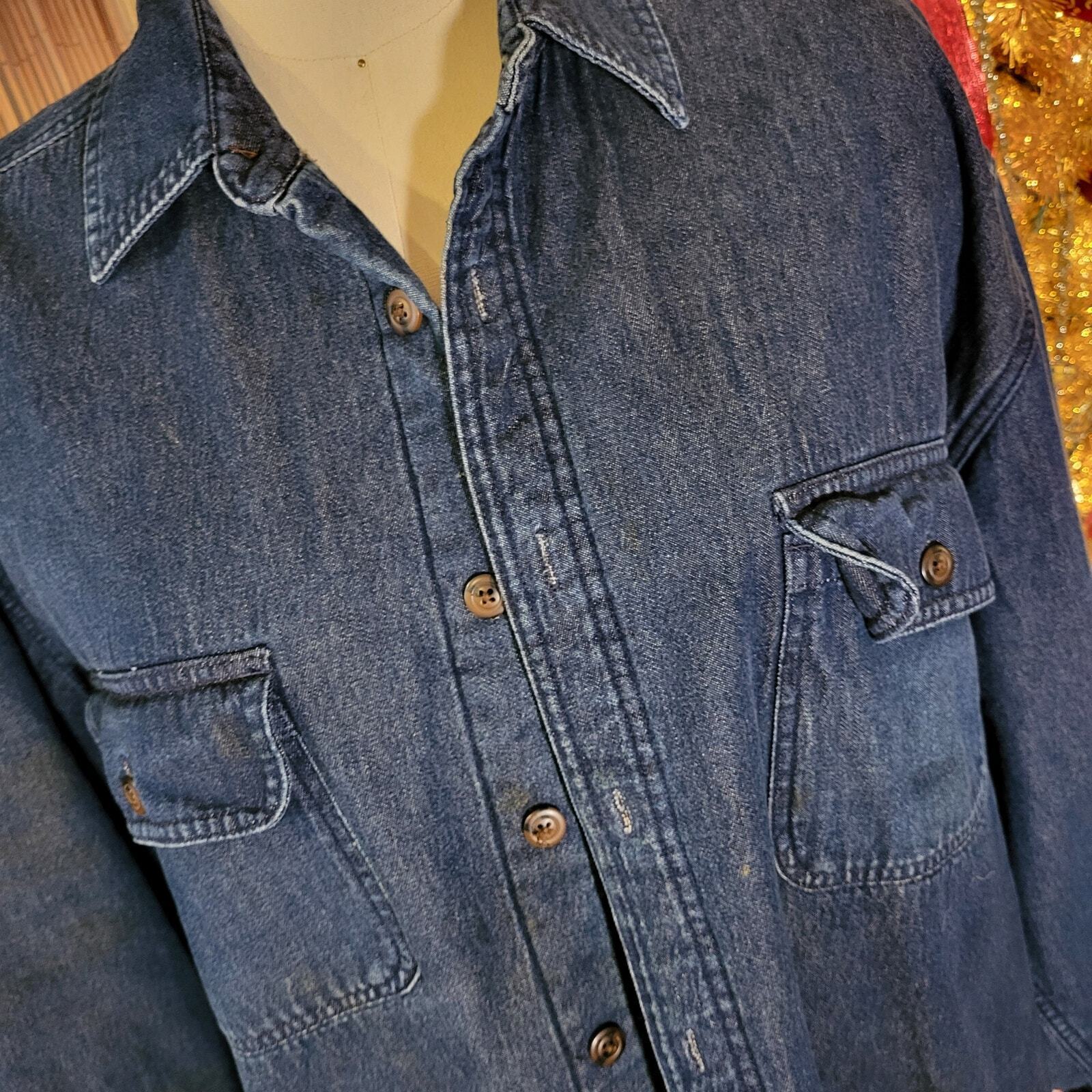 Lanesboro 100% Cotton Blue Denim Brown Fleece Lined Collared Button Up Jacket XL