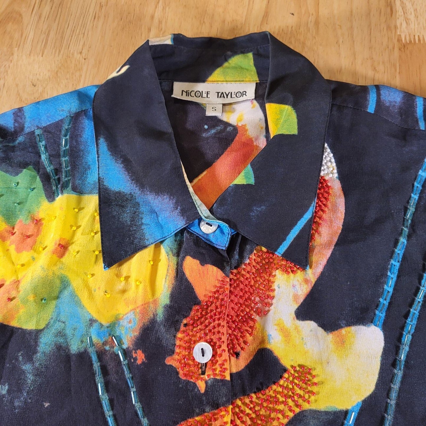 Nicole Taylor 100% Silk Batik Dyed Beaded Koi Fish Blouse  Collared. Button Down