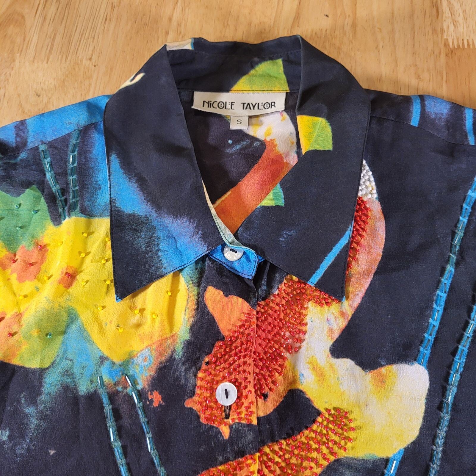 Nicole Taylor 100% Silk Batik Dyed Beaded Koi Fish Blouse  Collared. Button Down