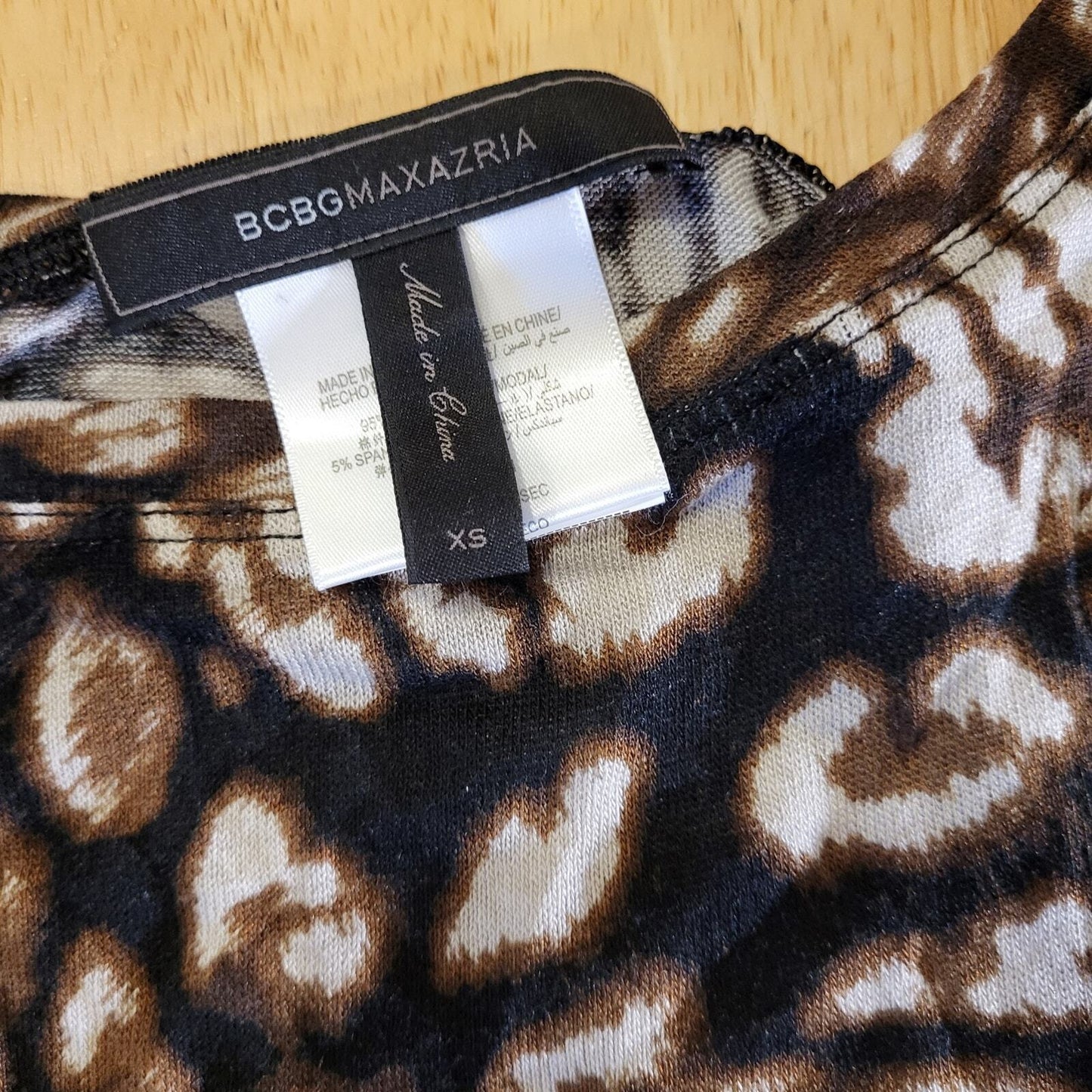 BCBGMAXAZRIA Leopard Print Sheer Long Sleeve T-Shirt XS Jersey Cotton Knit 