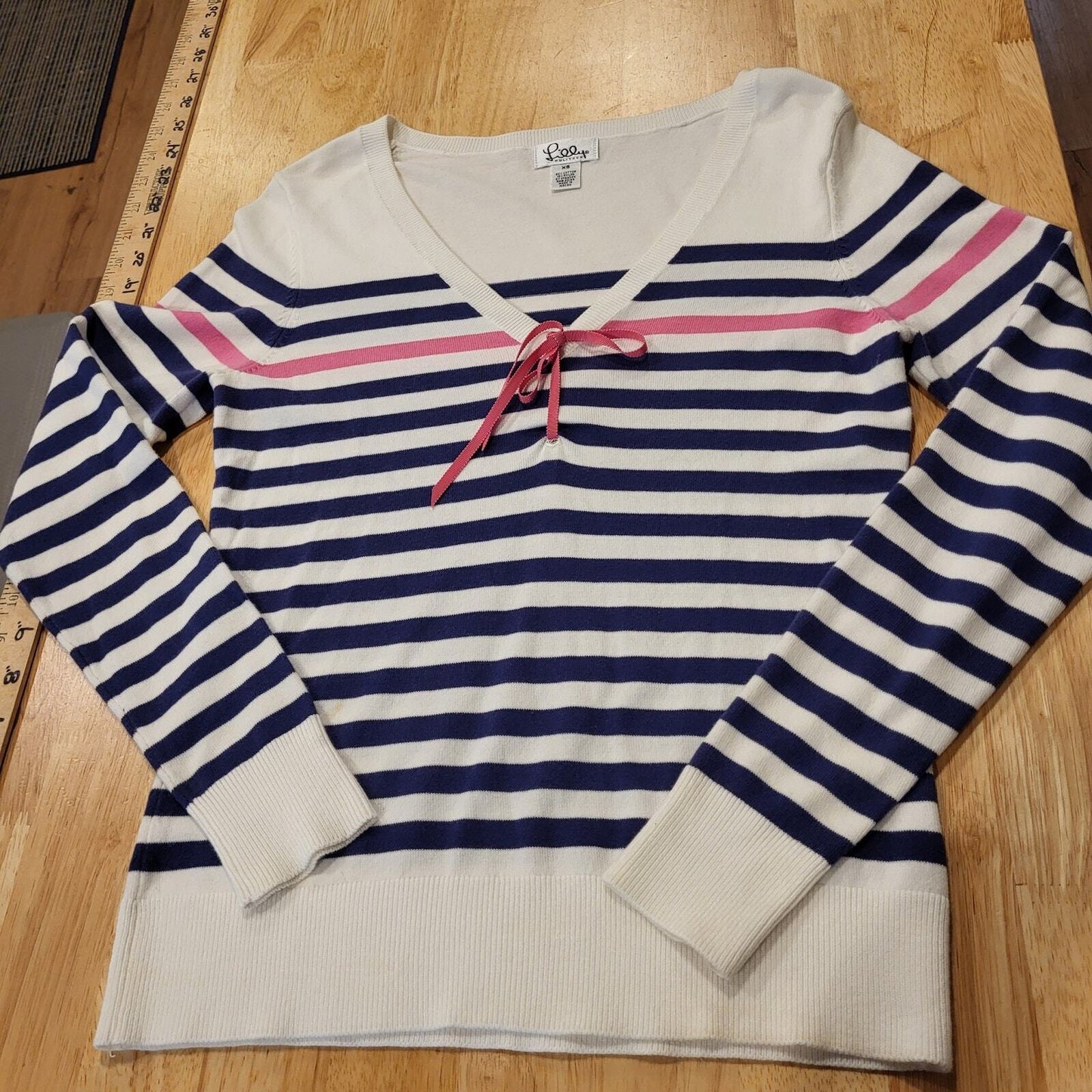 Lilly Pulitzer Blue Pink & White V Neck Long Sleeve Striped Sweater Bow XS