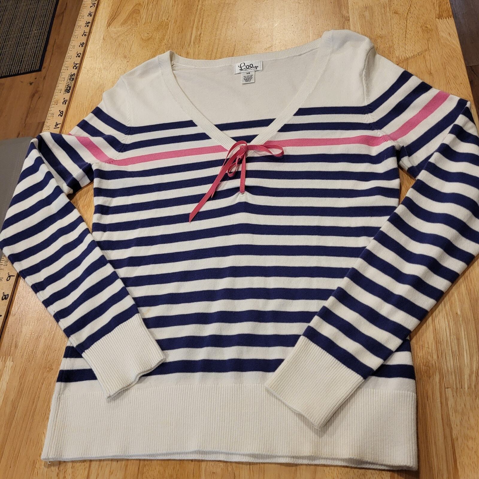 Lilly Pulitzer Blue Pink & White V Neck Long Sleeve Striped Sweater Bow XS