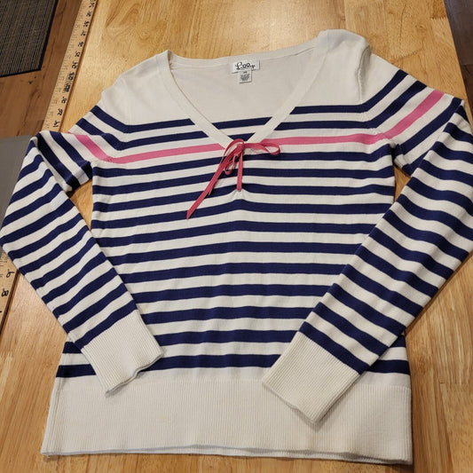 Lilly Pulitzer Blue Pink & White V Neck Long Sleeve Striped Sweater Bow XS