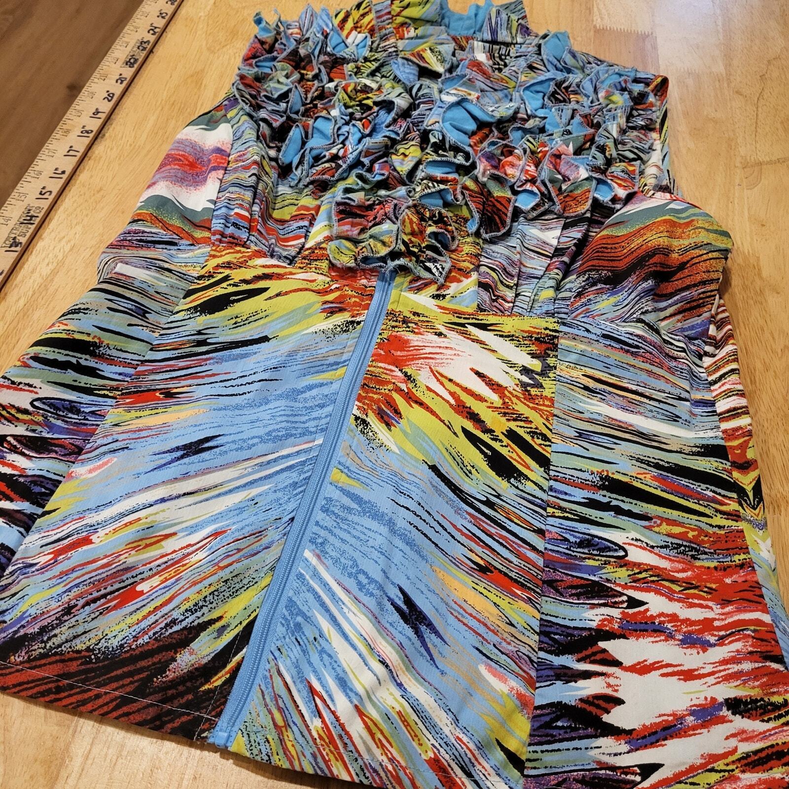 DS by Debbie Shuchat Sleeveless Zip Front Ruffle Collar Colorful Abstract Top 8