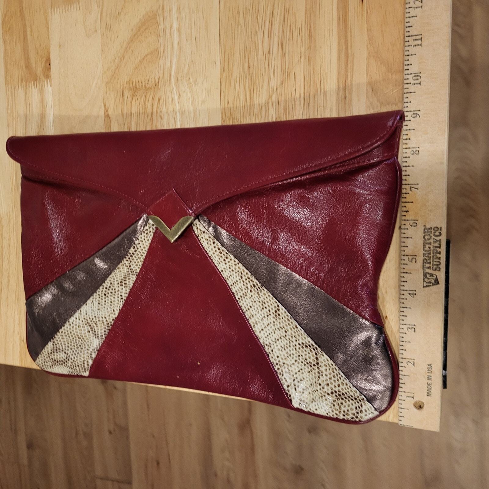 Vintage Burgandy Snake Leather Envelope Clutch Bag Silver Magnetic Bronz Stripe