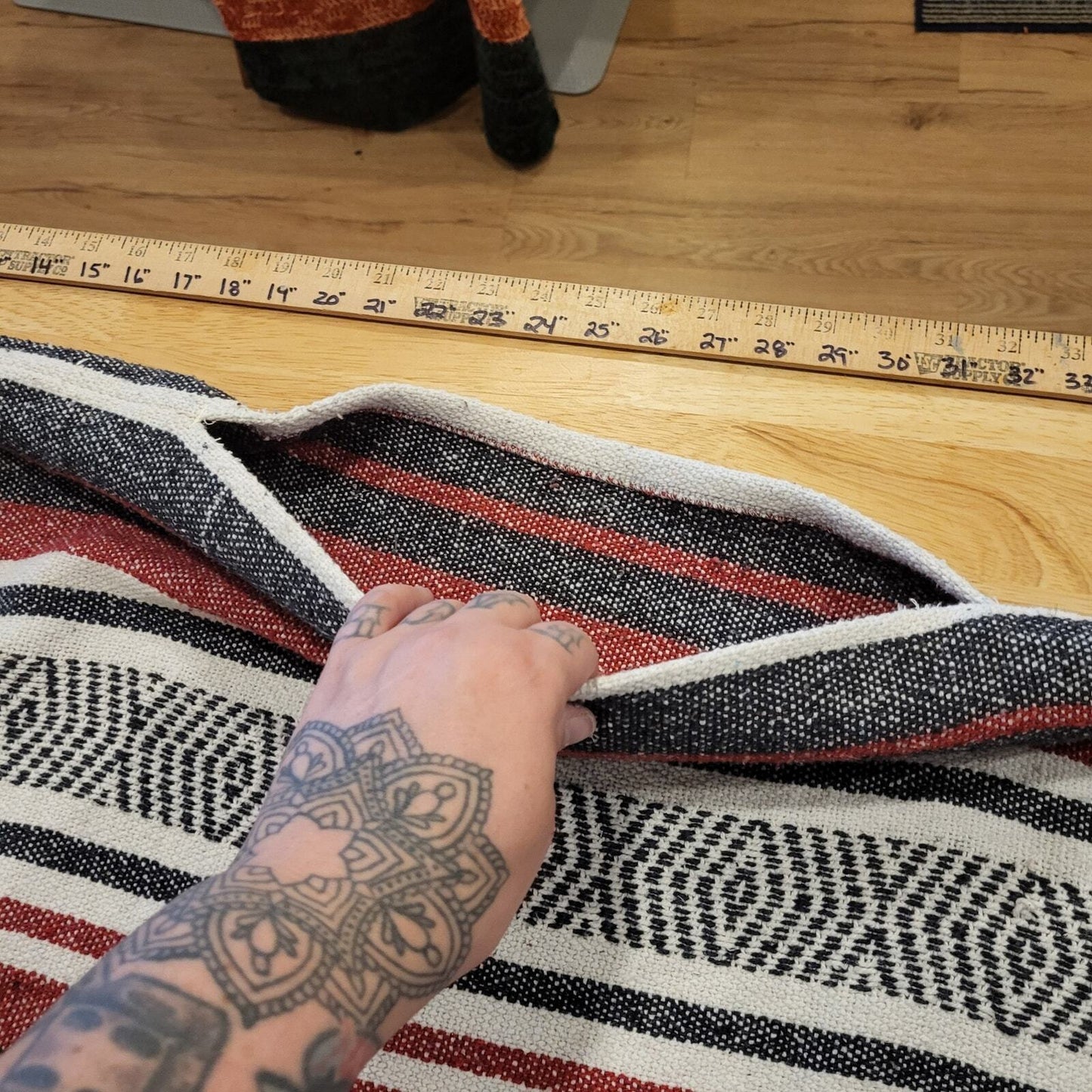 Handmade Red Black White Striped Mexican Blanket Poncho 2 Ways to Wear 