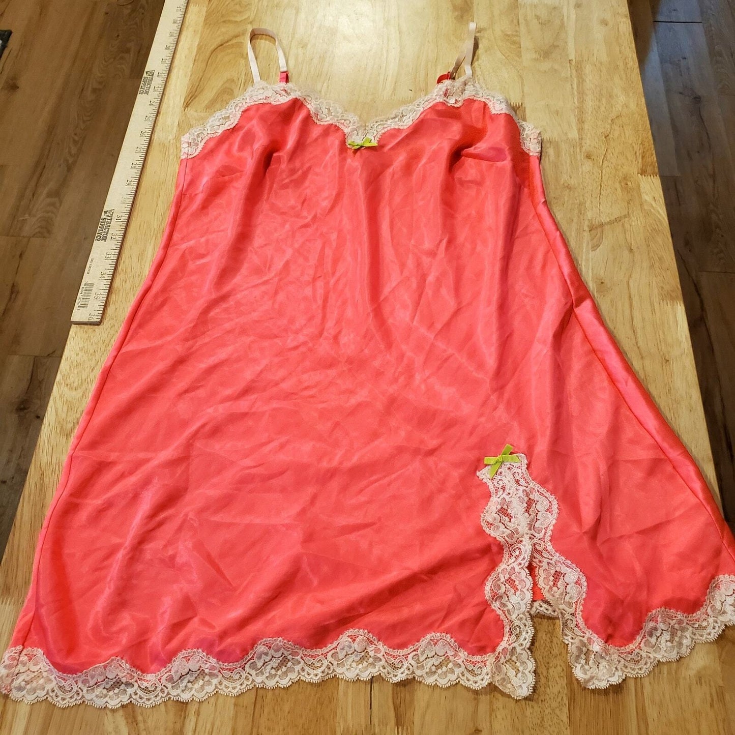 Victoria's Secret Neon Pink Spaghetti Strap White Lace Trim Slip Dress Small