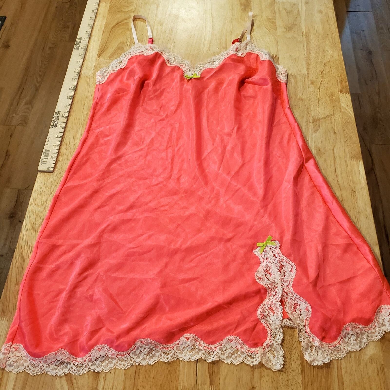 Victoria's Secret Neon Pink Spaghetti Strap White Lace Trim Slip Dress Small