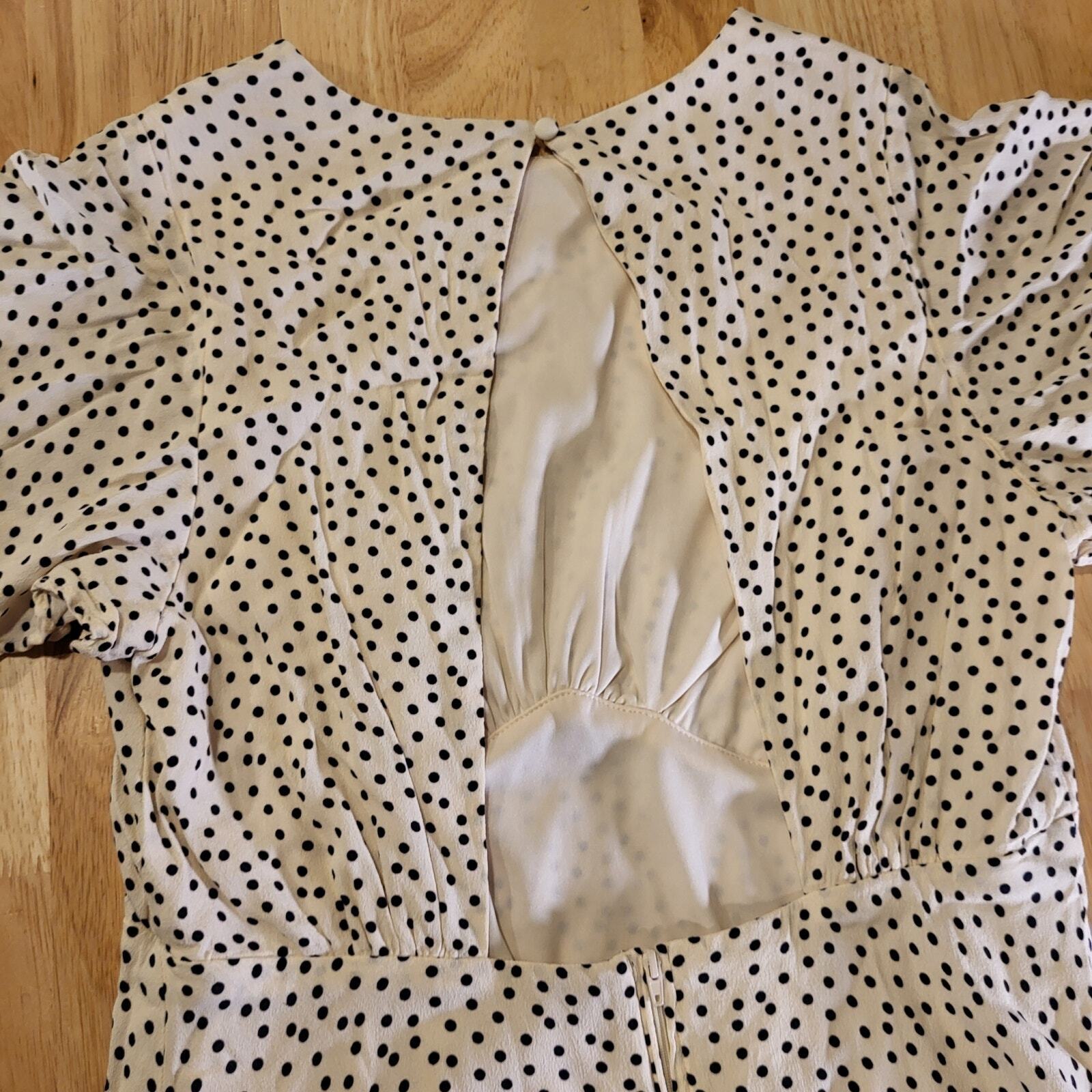 Flutter Sleeve Open Back Black & White Polka Dot Silk Rayon Blend XS 16" P2P