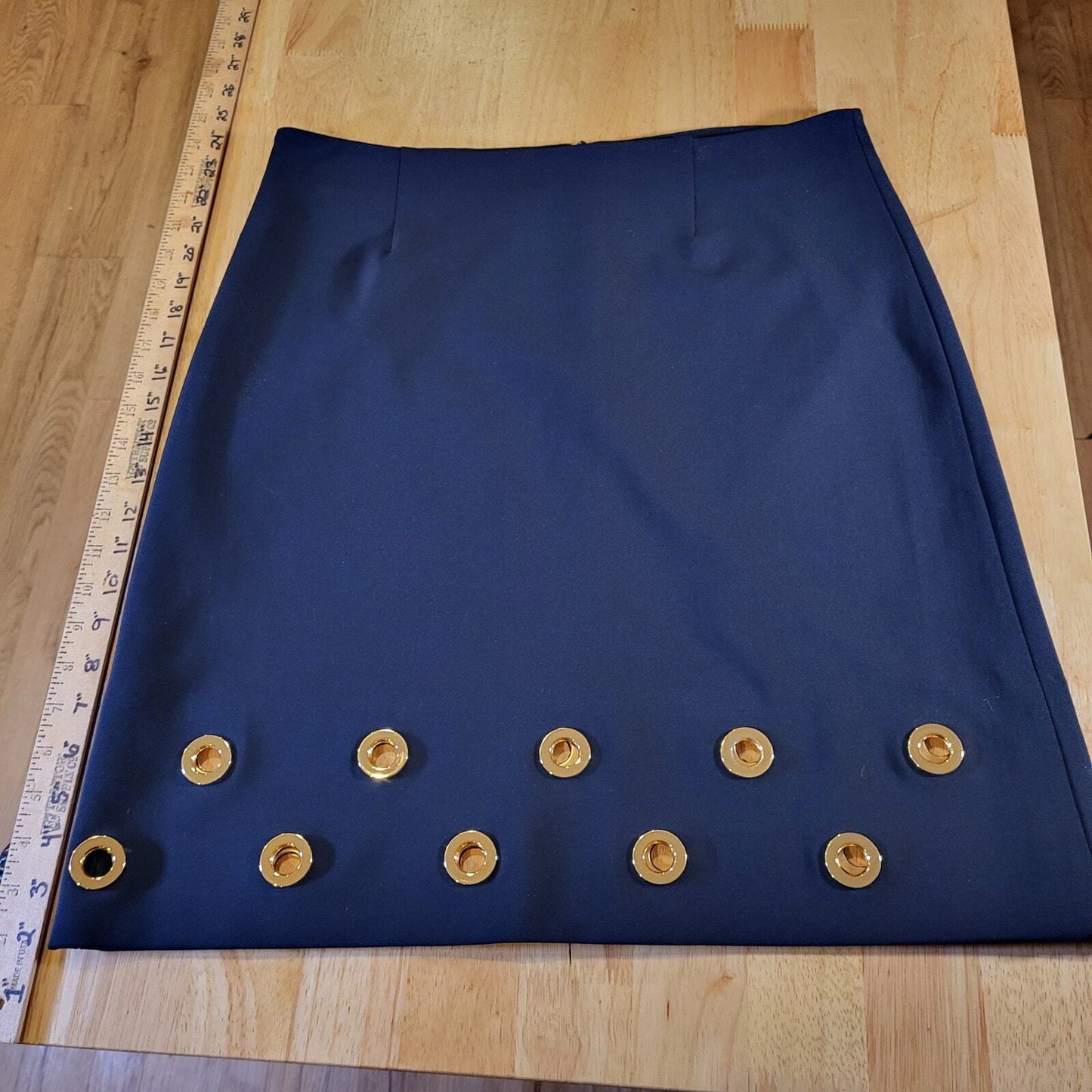 Doncaster Navy Blue Pencil Skirt Gold Circle Metal Detail 10 