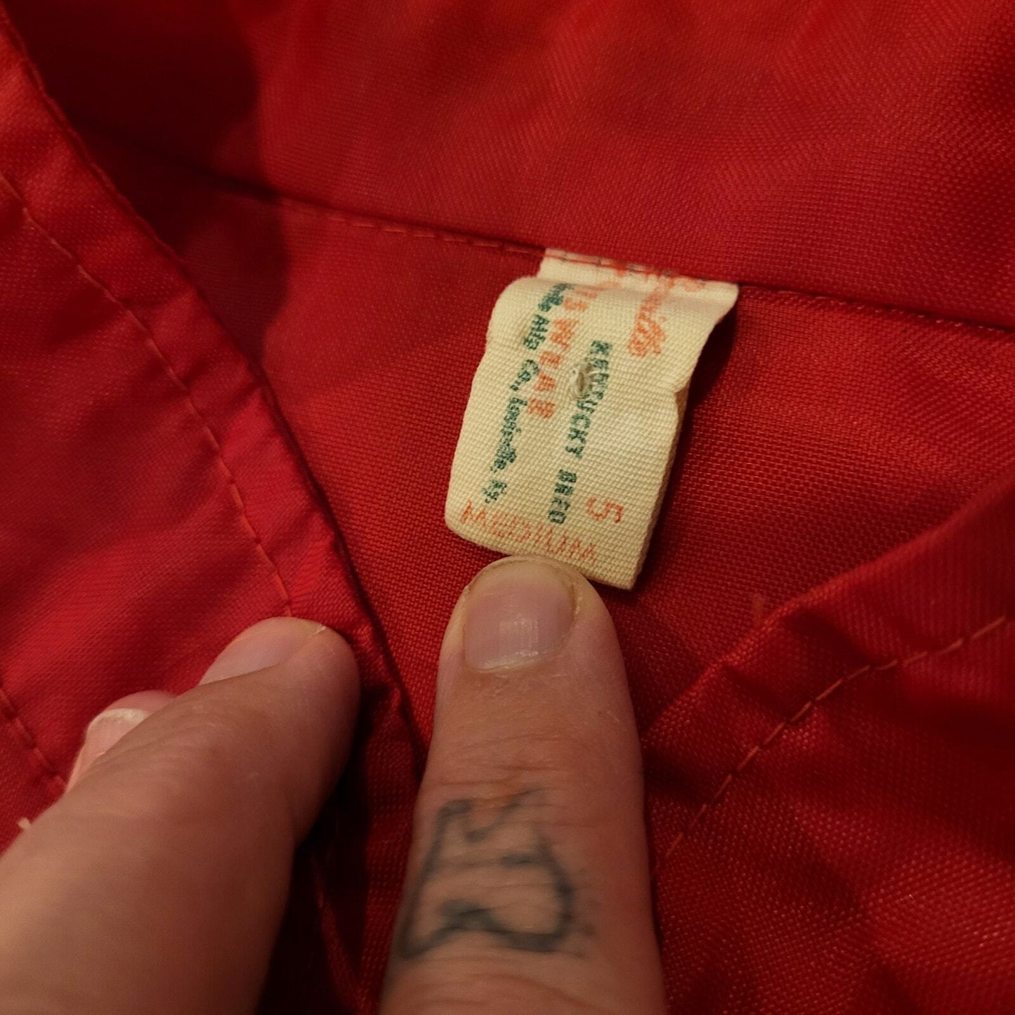 Red Nylon Vintage Jacket Zip 22" Pit to Pit Stripe Melroe Bobcat